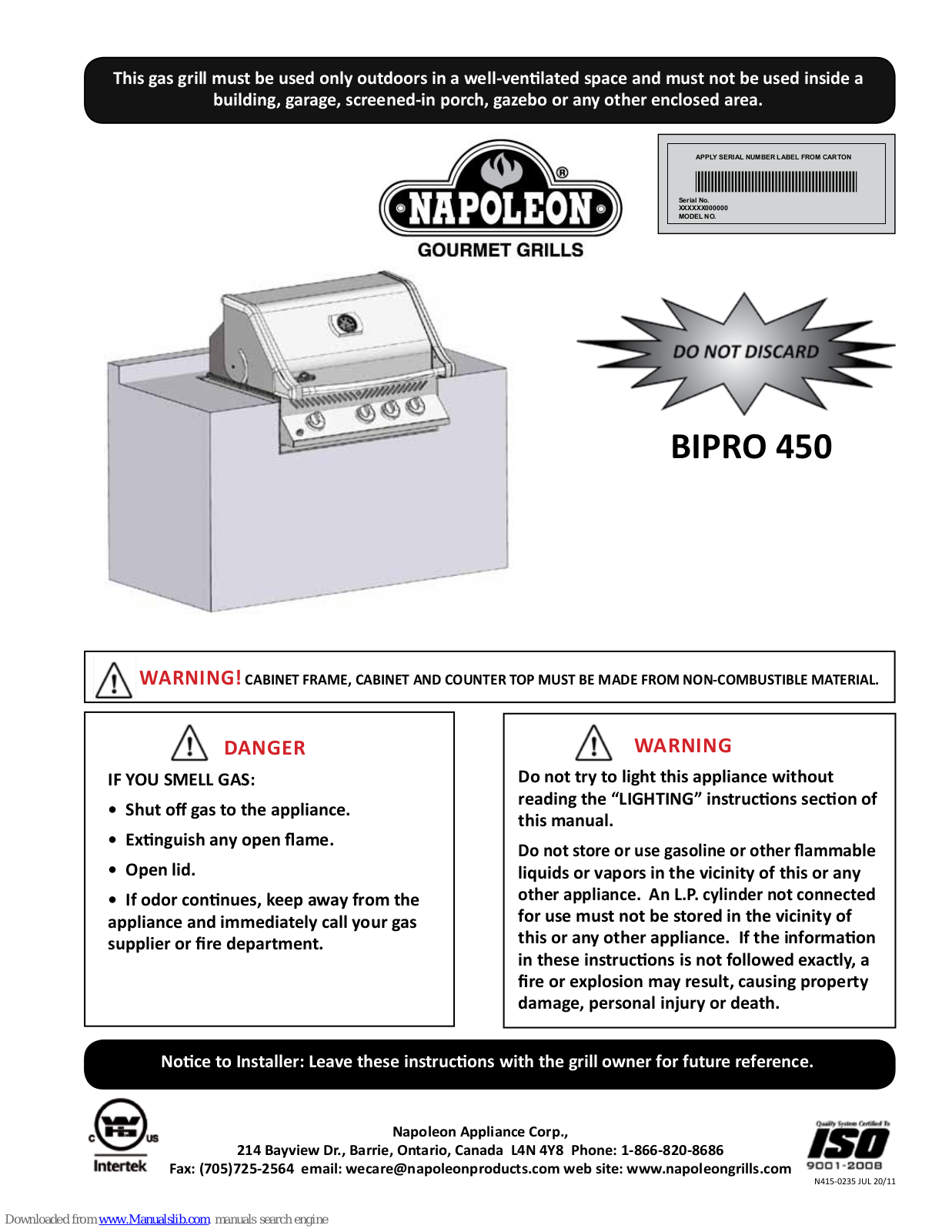 Napoleon BIPRO 450 Instructions Manual