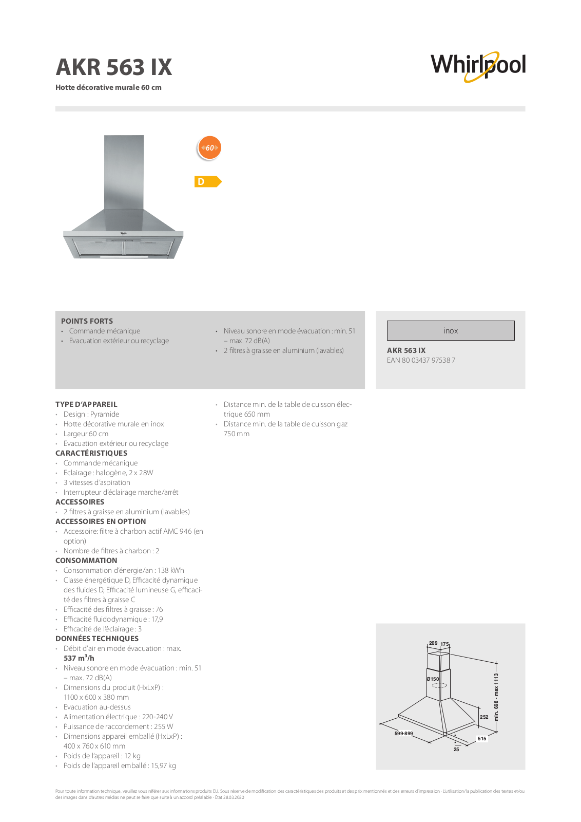 Whirlpool AKR 563 IX Product information