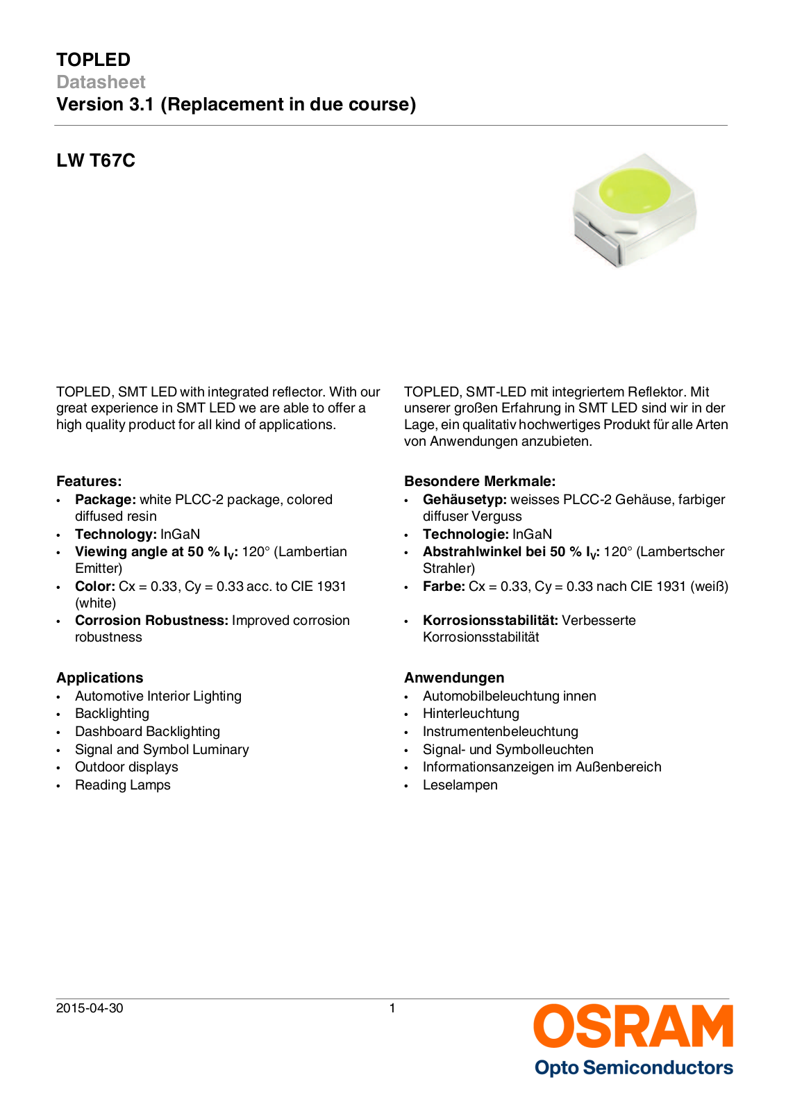 OSRAM OPTO LW T67C Datasheet - ManualMachine.com
