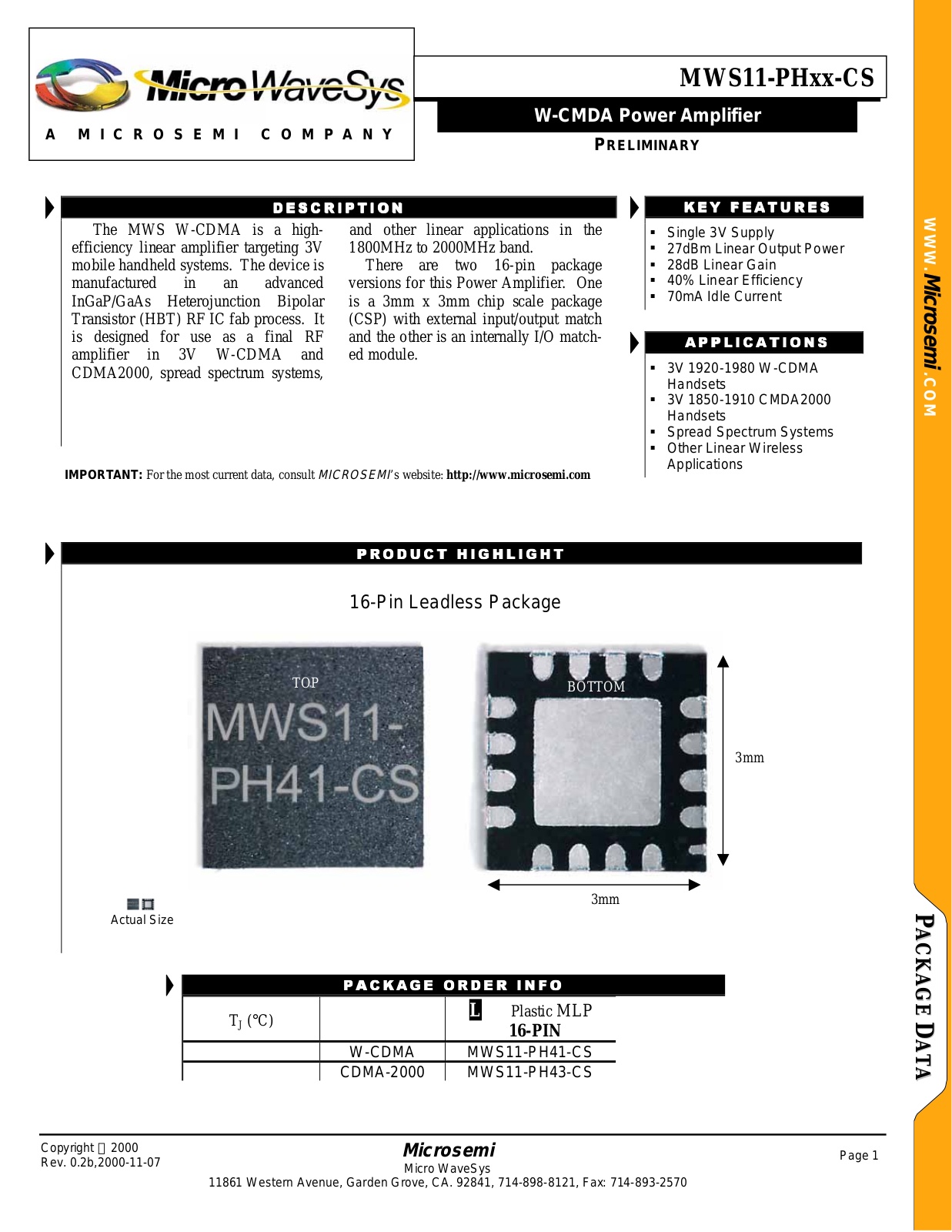 Microsemi Corporation MWS11-PH43-CS, MWS11-PH41-CS Datasheet