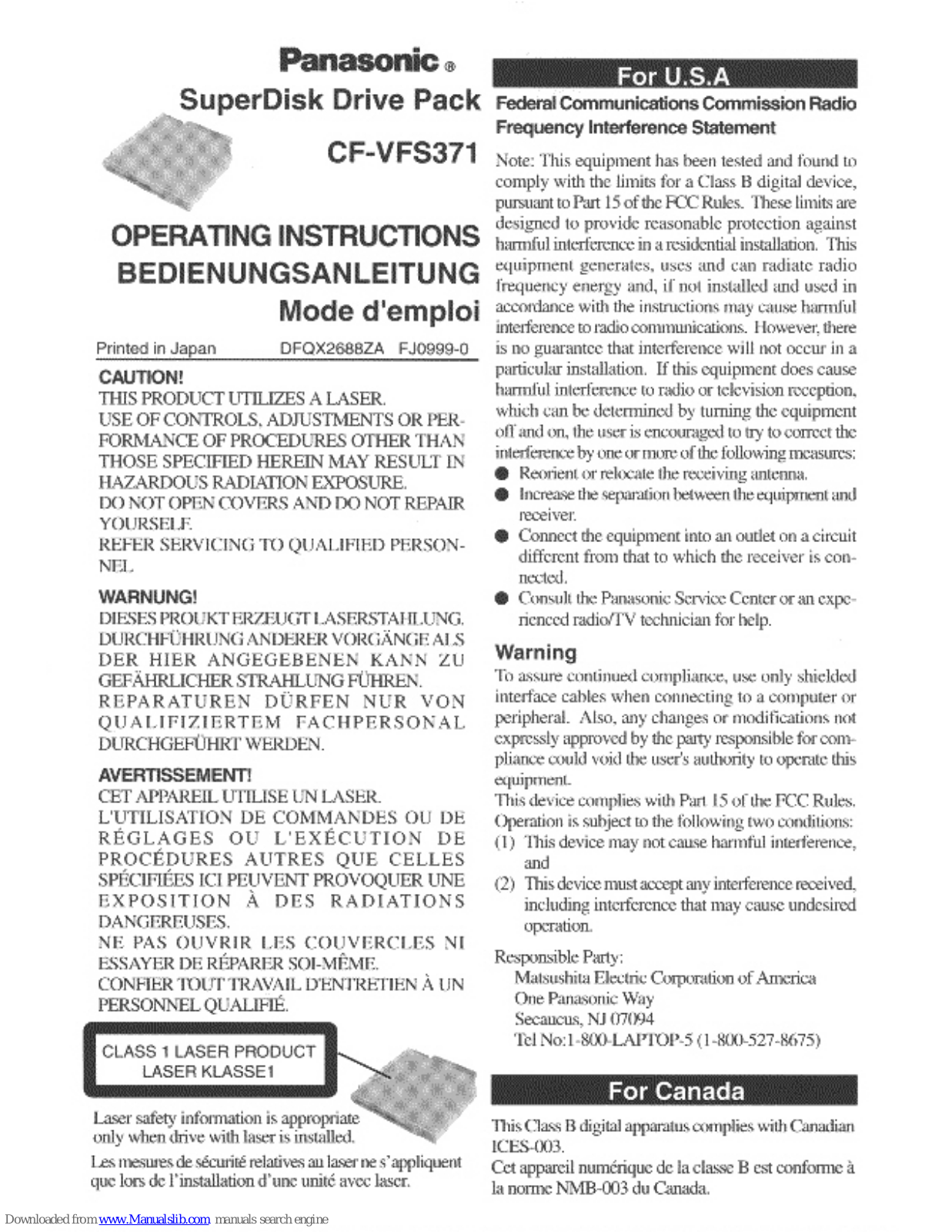 Panasonic CF-VFS371W, CF-VFS371 Operating Instructions Manual