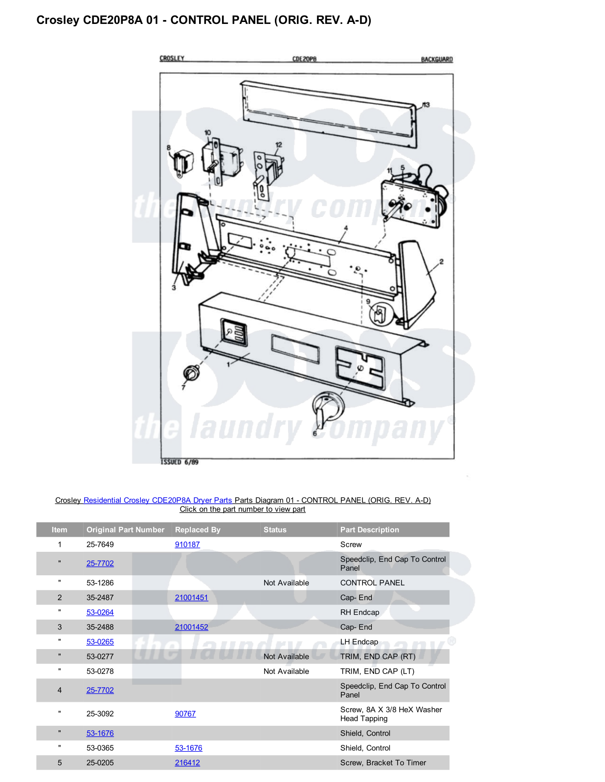 Crosley CDE20P8A Parts Diagram