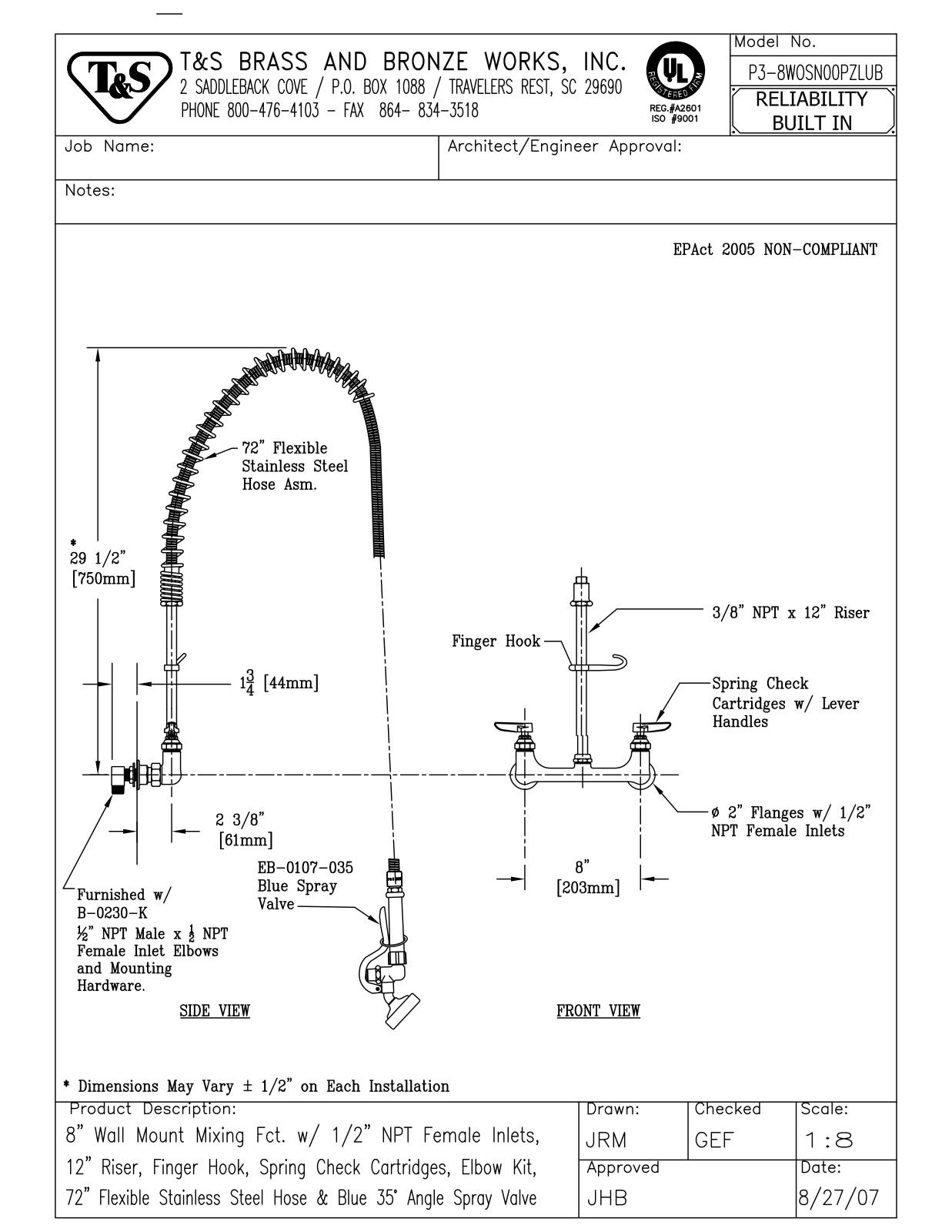 T&S Brass P3-8WOSN00PZLUB User Manual