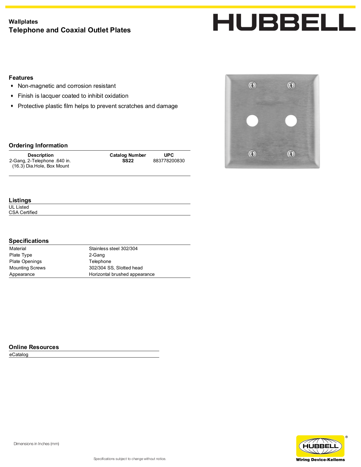 Hubbell SS22 Specifications