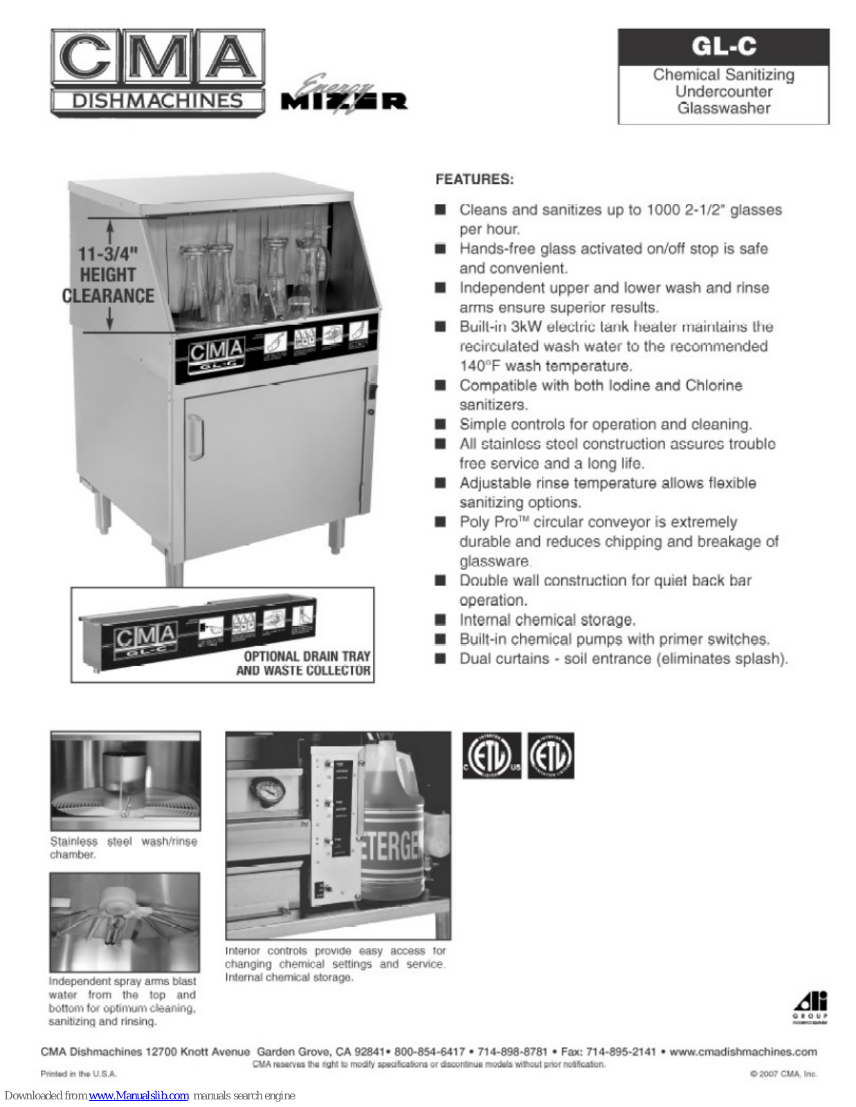 CMA Dishmachines CMA-GL-C, Energy Mizer GL-C Specifications