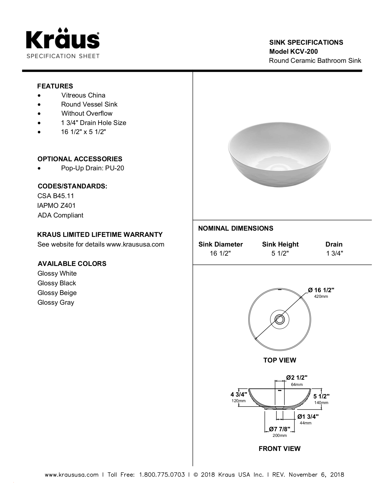 Kraus KCV200GWH, KCV200GBE, KCV200GBL, KCV200GGR Specifications