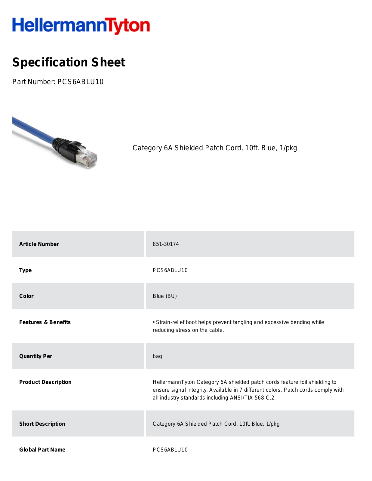 HellermannTyton PCS6ABLU10 Specification Sheet