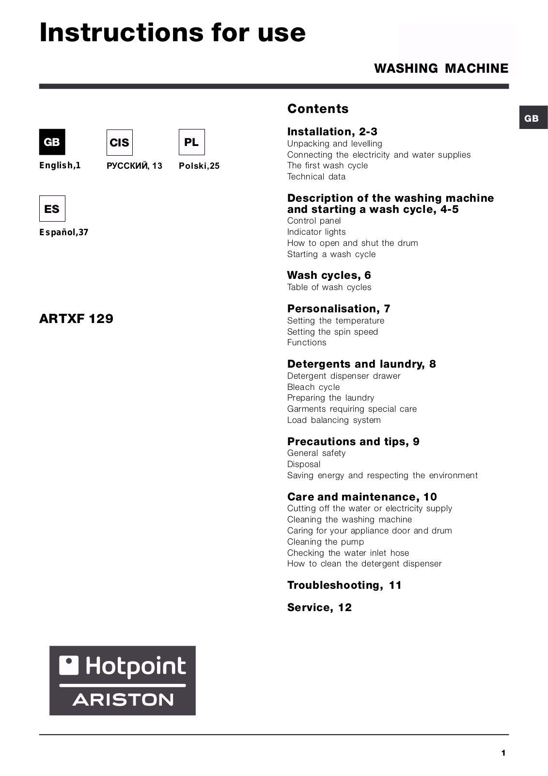 ARISTON ARTXF129 User Manual