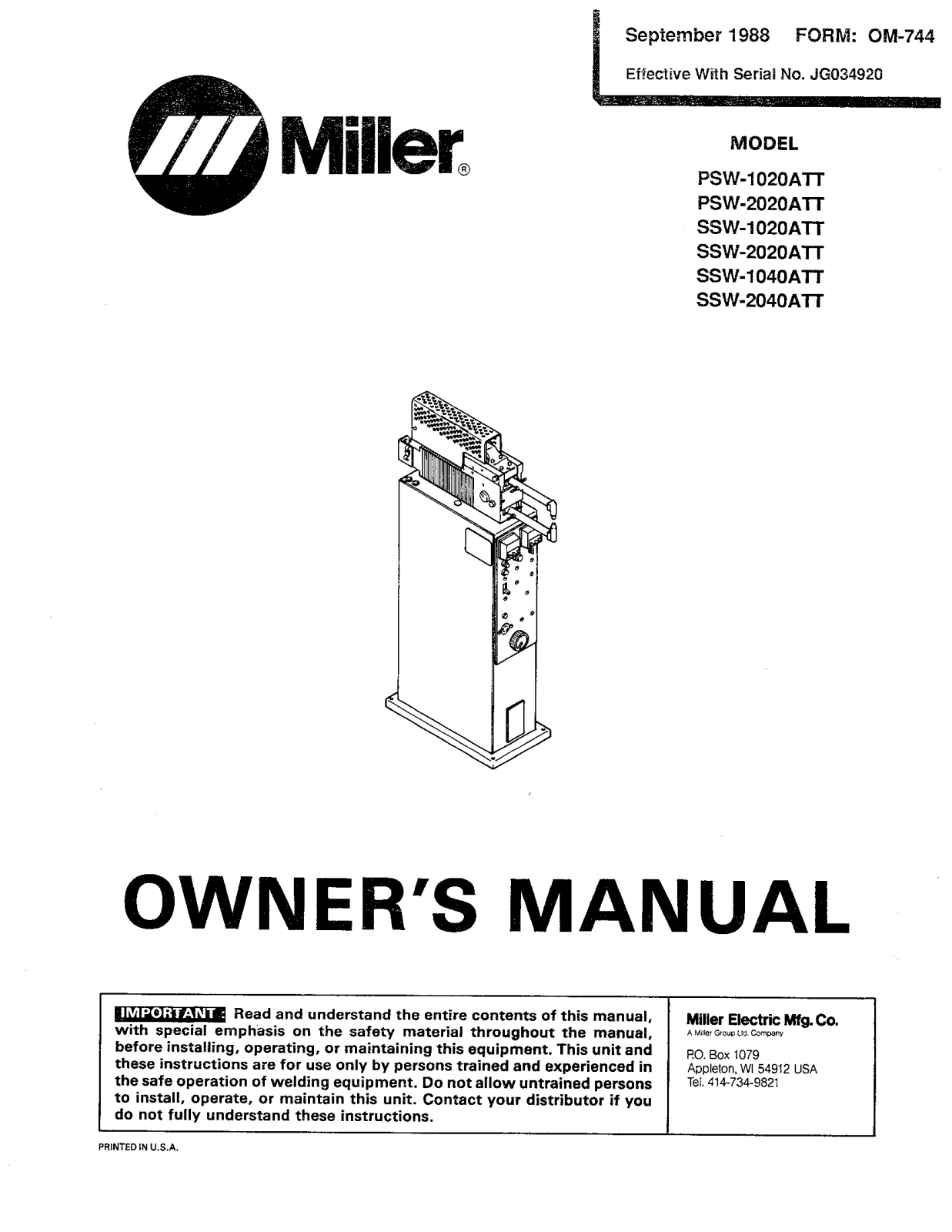 Miller PSW-2020ATT Owners manual - ManualMachine.com