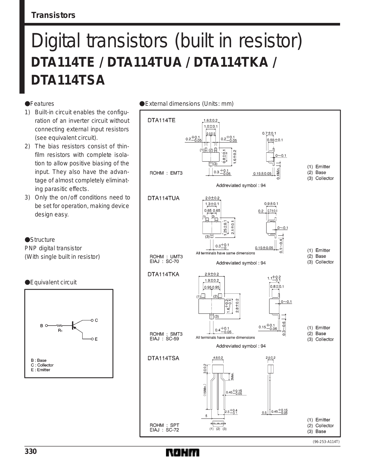 ROHM DTA114TUA, DTA114TSA, DTA114TKA, DTA114TE Datasheet