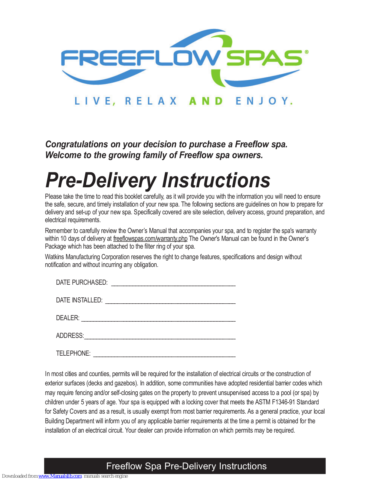 Freeflow Spas Excursion, Solstice, Accent, Tristar, CALISTOGA Instructions Manual