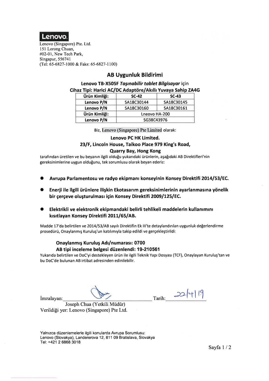 Lenovo TB-X505F Declaration of Conformity