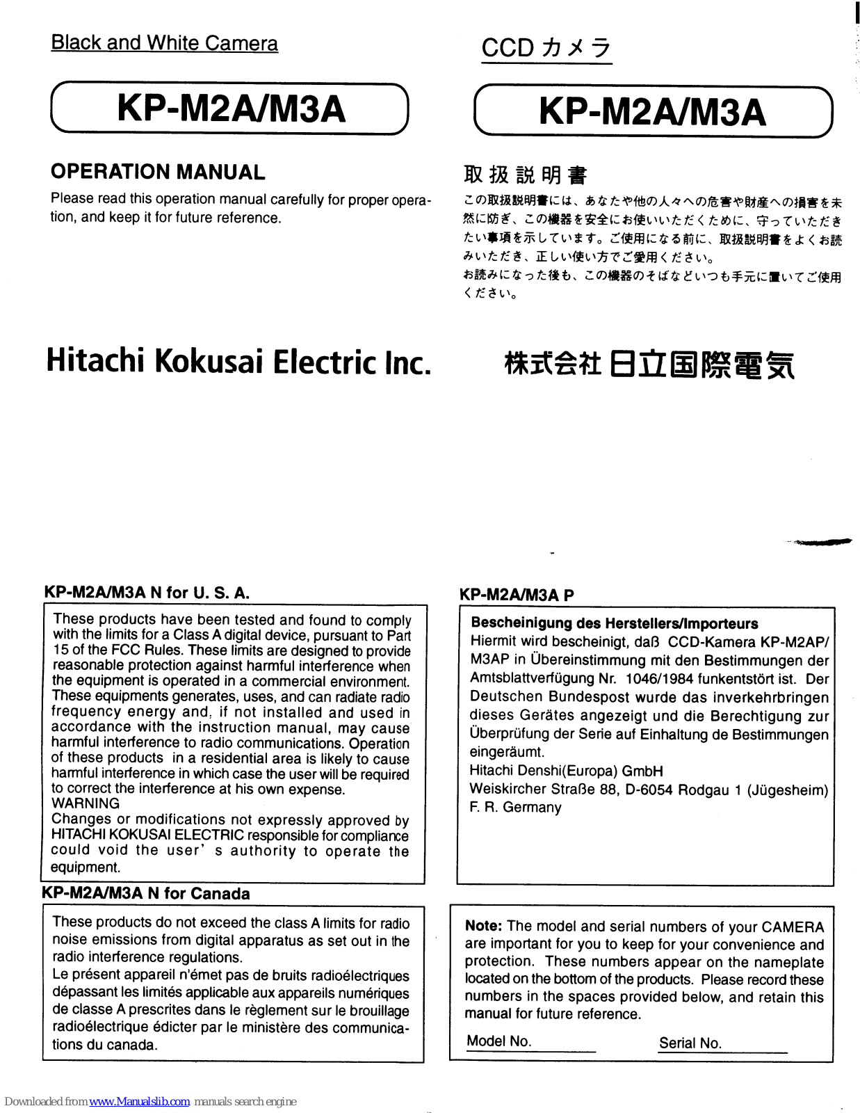 Hitachi KP-M2A, KP-M3A, KP-M2AP, KP-M2AN, KP-M3AP Operation Manual