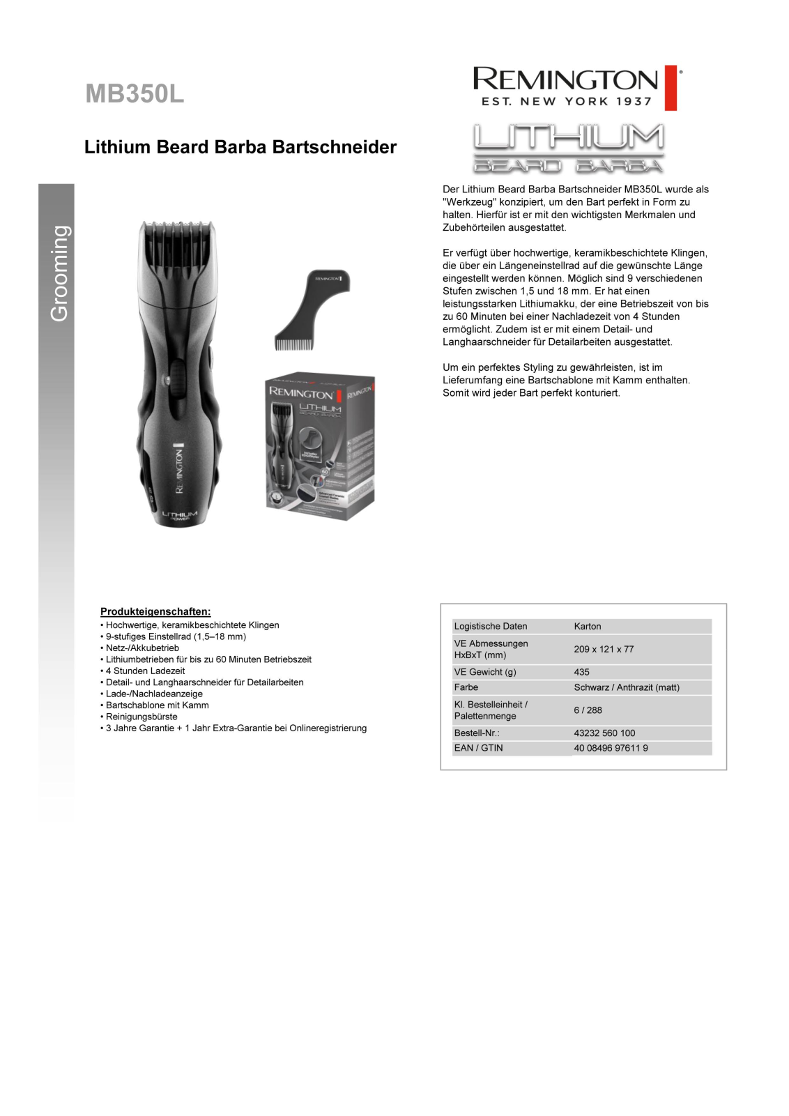 Remington MB350L Technical data