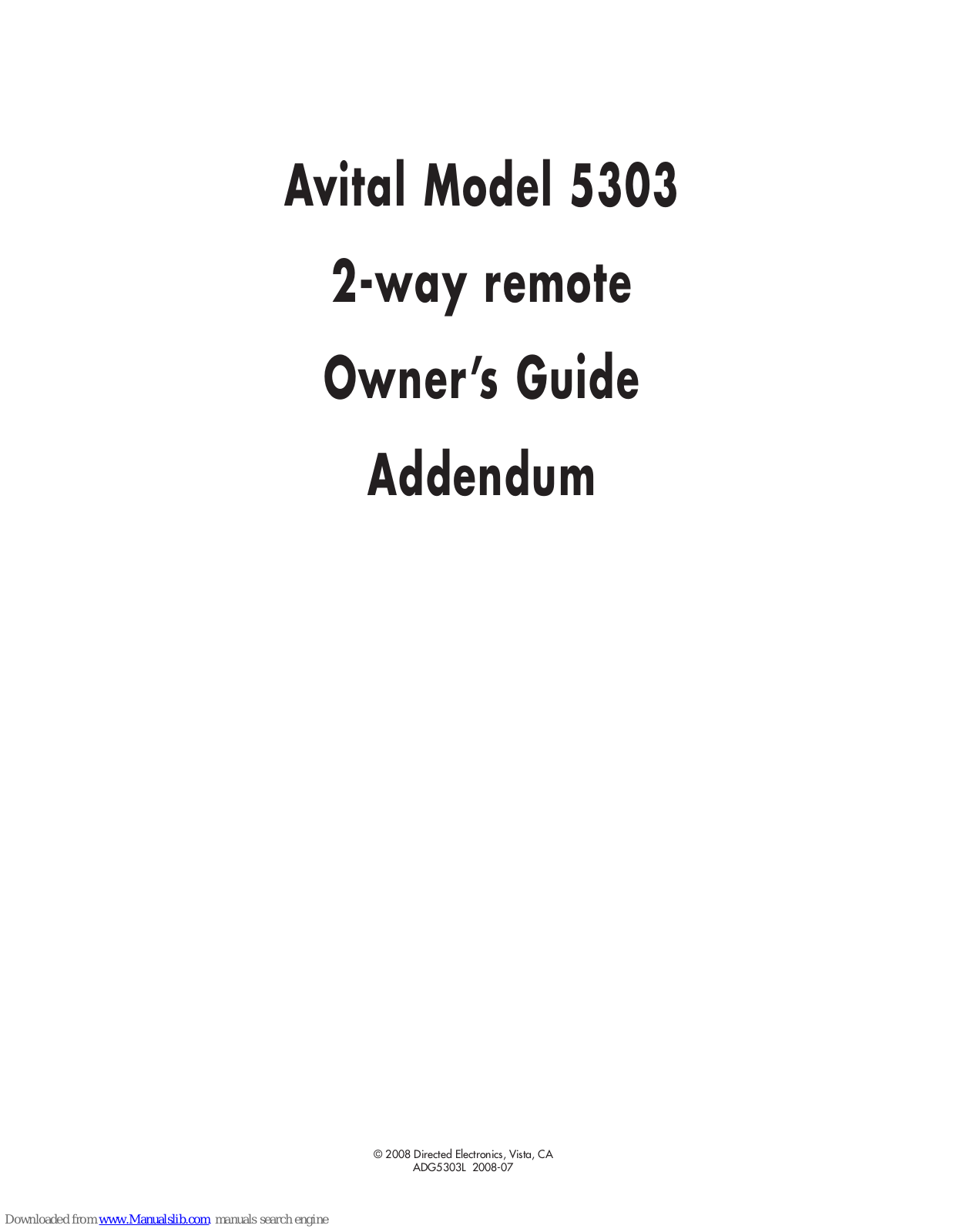 Directed Electronics Avital 5303 Owner's Manual Addendum