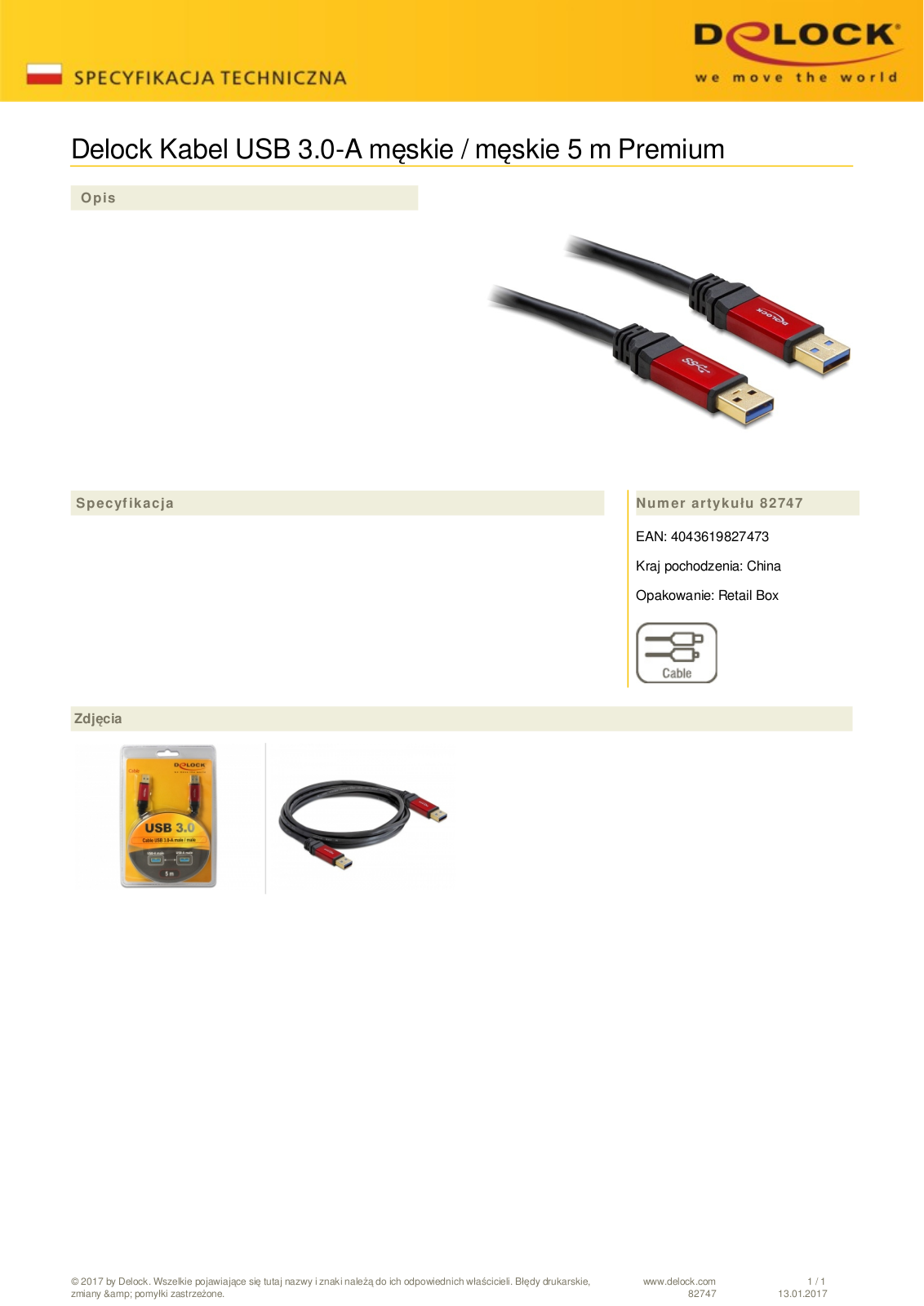 DeLOCK Premium USB-A 3.0 to USB-A 3.0 cable, 5m User Manual