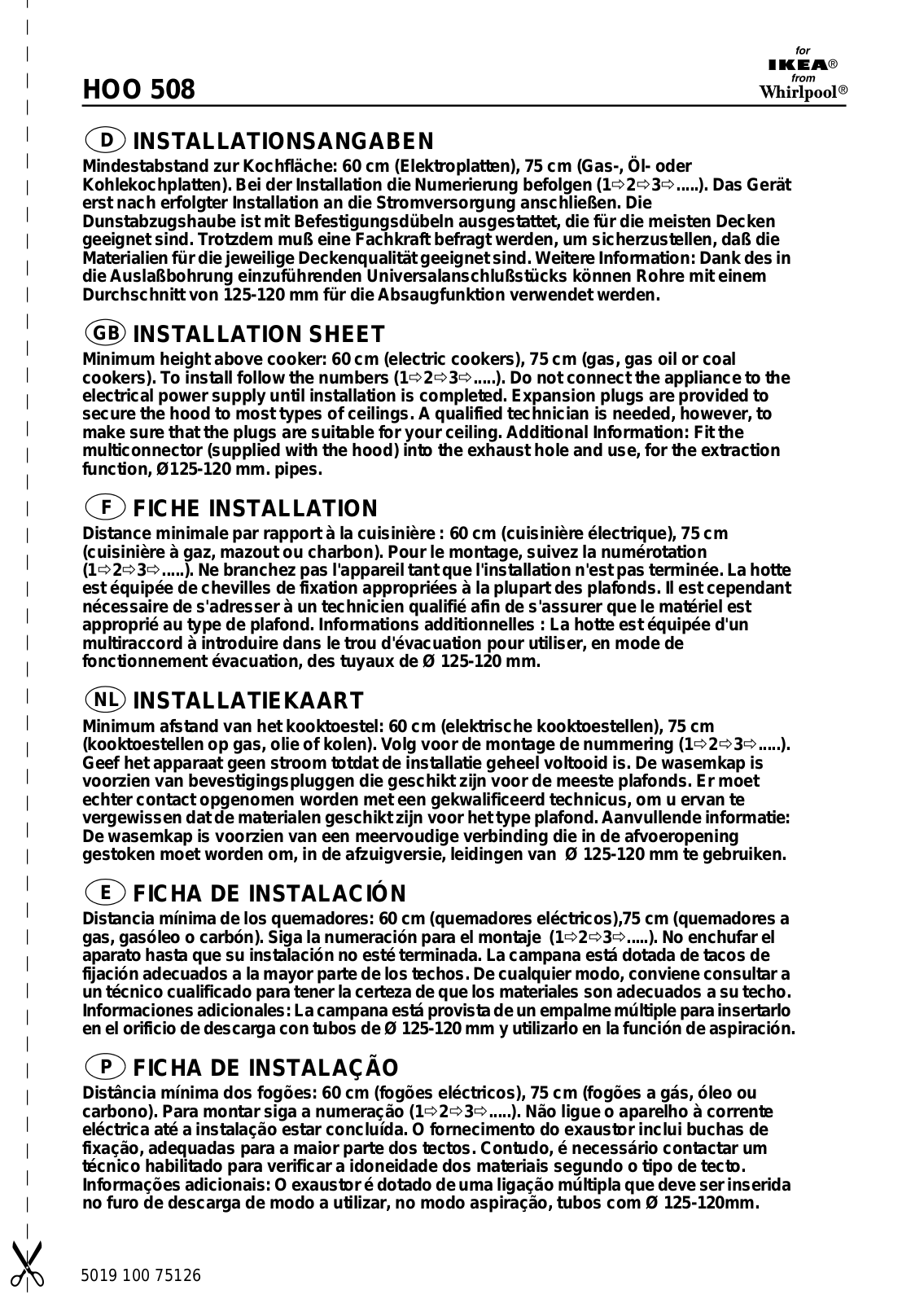 Whirlpool HOO 508 Installation sheet