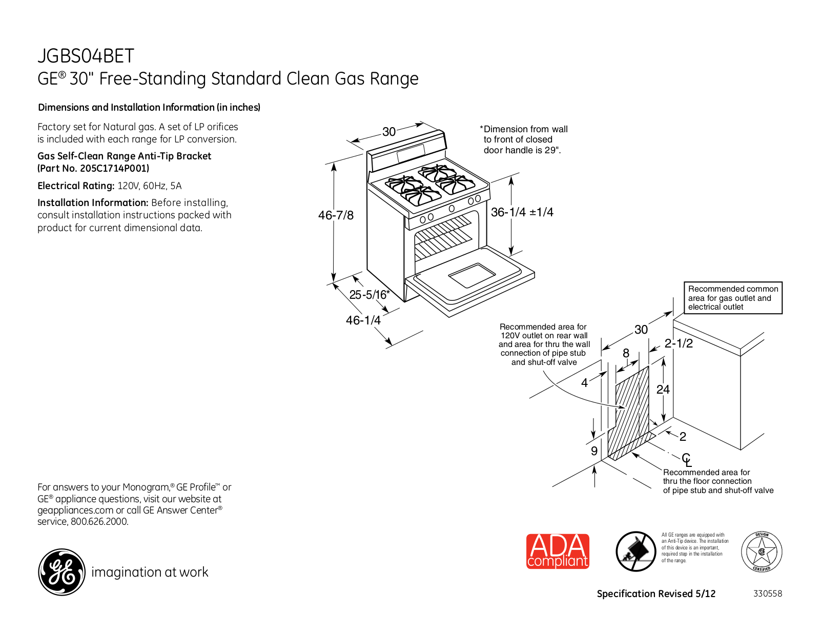 GE JGBS04BET Specification