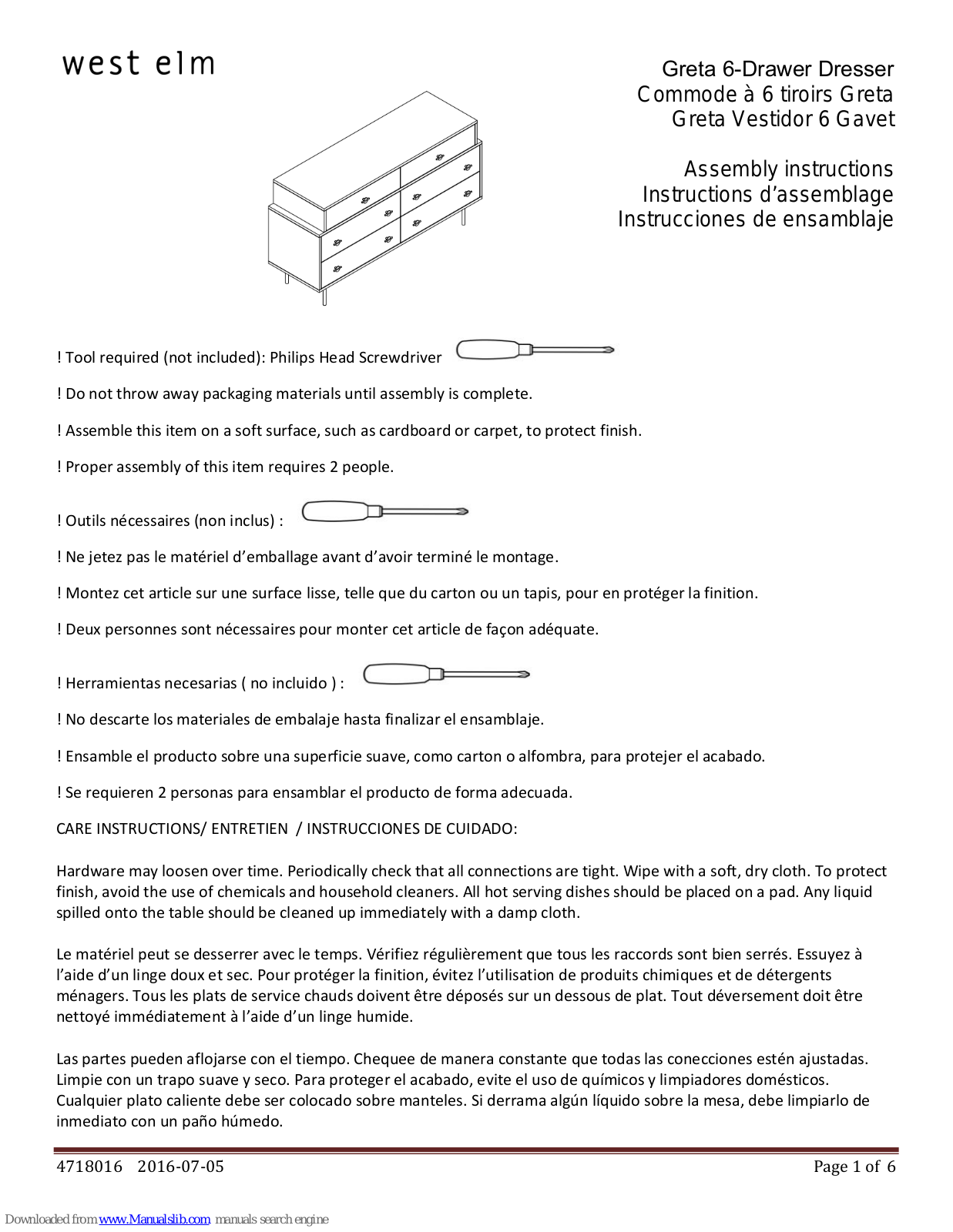 West Elm Greta 6-Drawer Dresser, 4718016 Assembly Instructions