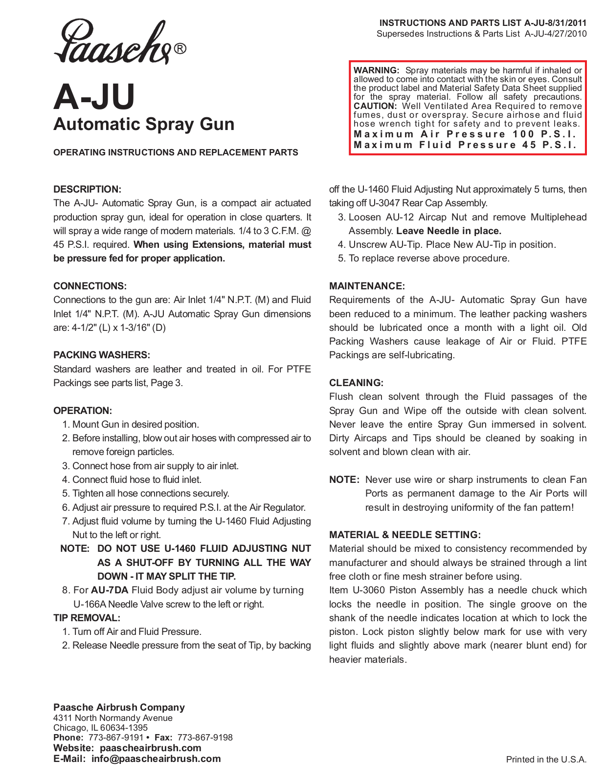 Paasche A-JU-PL User Manual