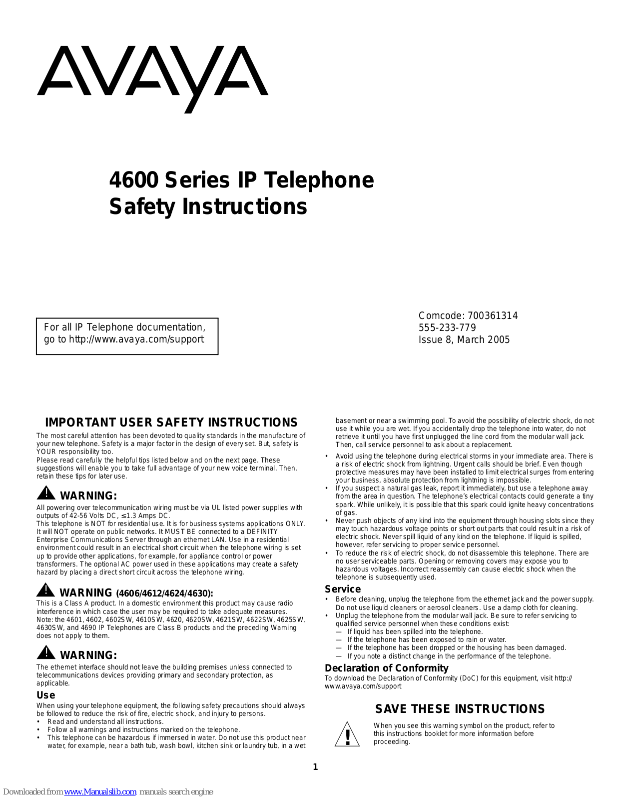 Avaya 4601, 4602, 4602SW, 4606, 4610SW Safety Instructions