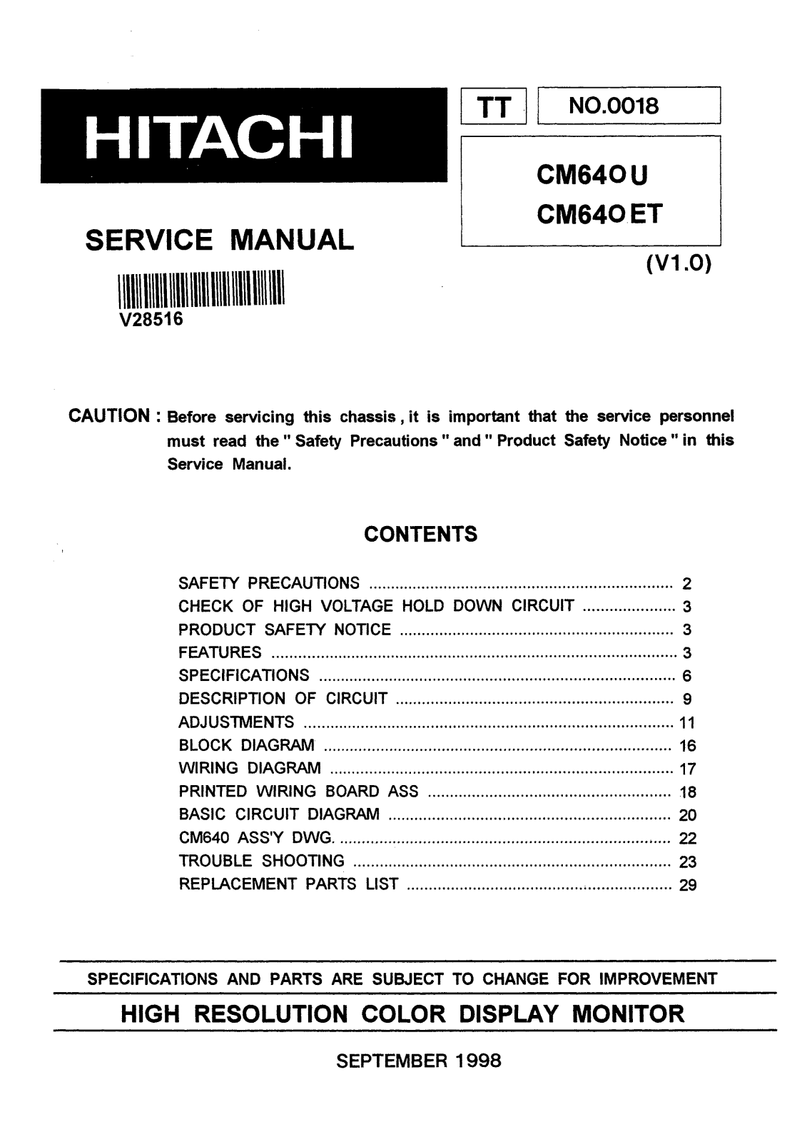 Hitachi CM640U, CM640ET Schematic