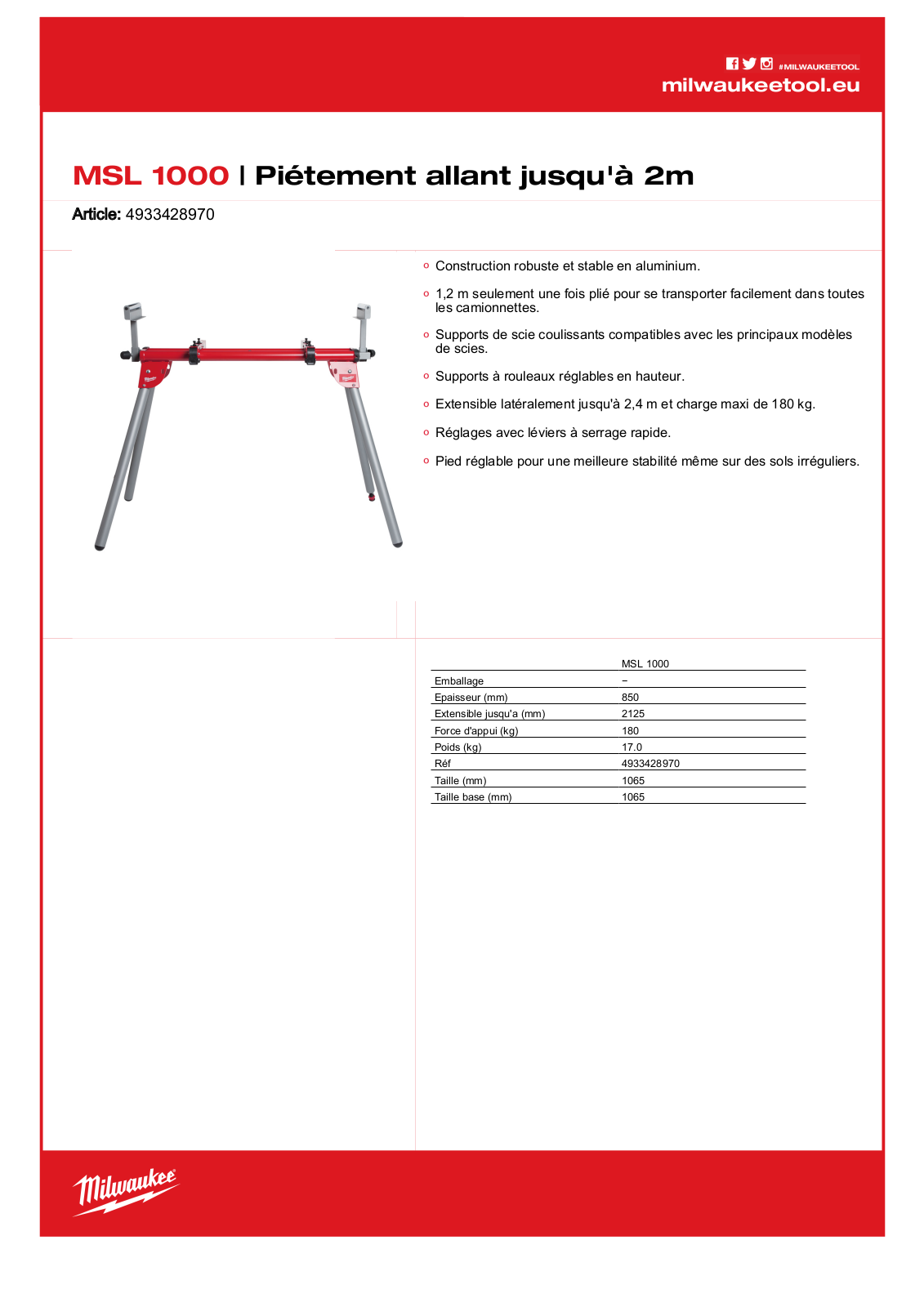 Milwaukee 4933428970, MSL 1000 Specification - ManualMachine.com