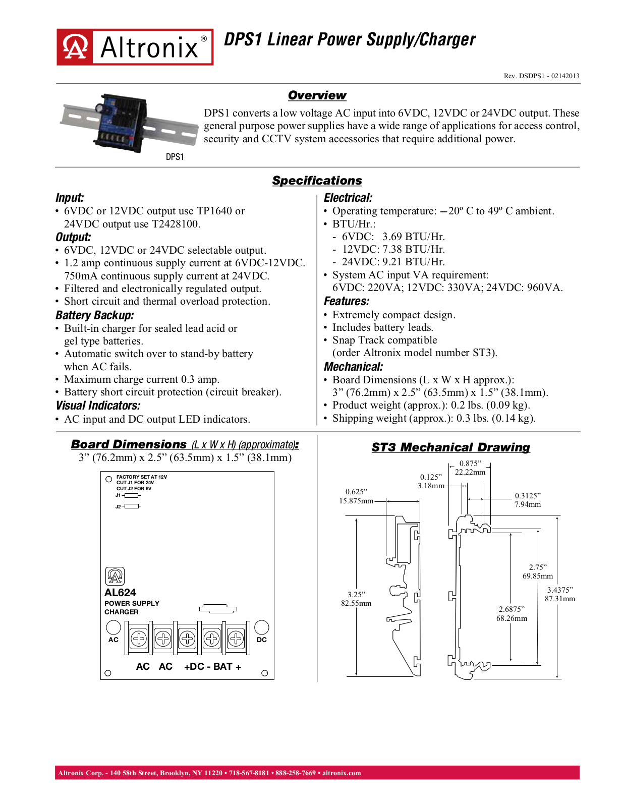 Altronix DPS1 Data Sheet