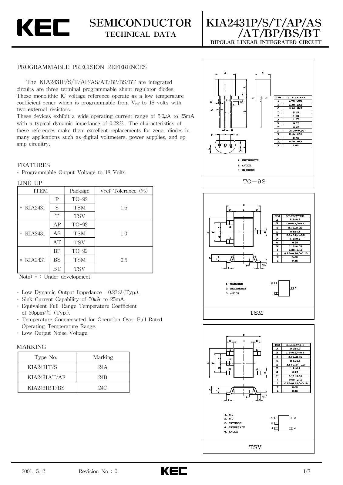 KEC KIA2431P, KIA2431BT, KIA2431AT, KIA2431AS, KIA2431AP Datasheet