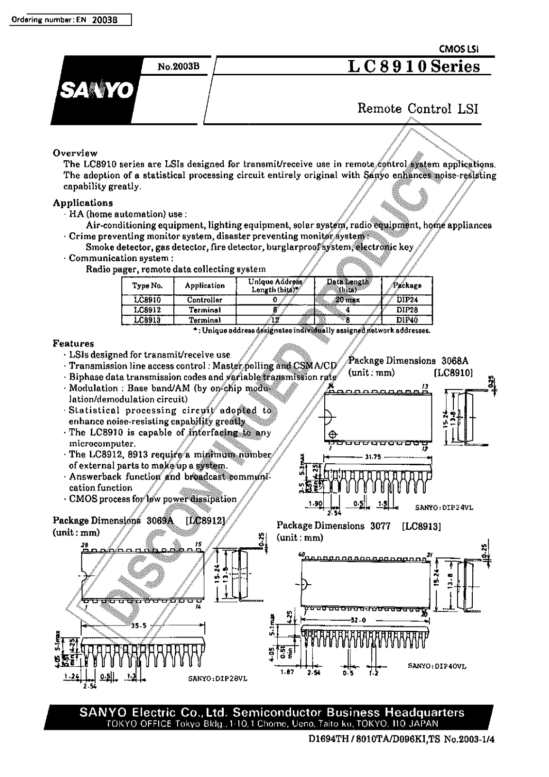 Sanyo LC8913 Specifications