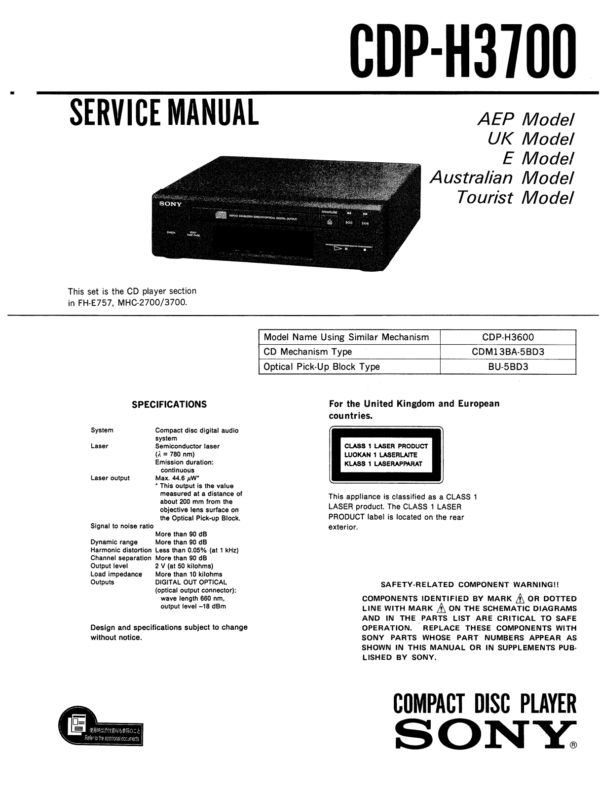 Sony CDPH-3700 Service manual