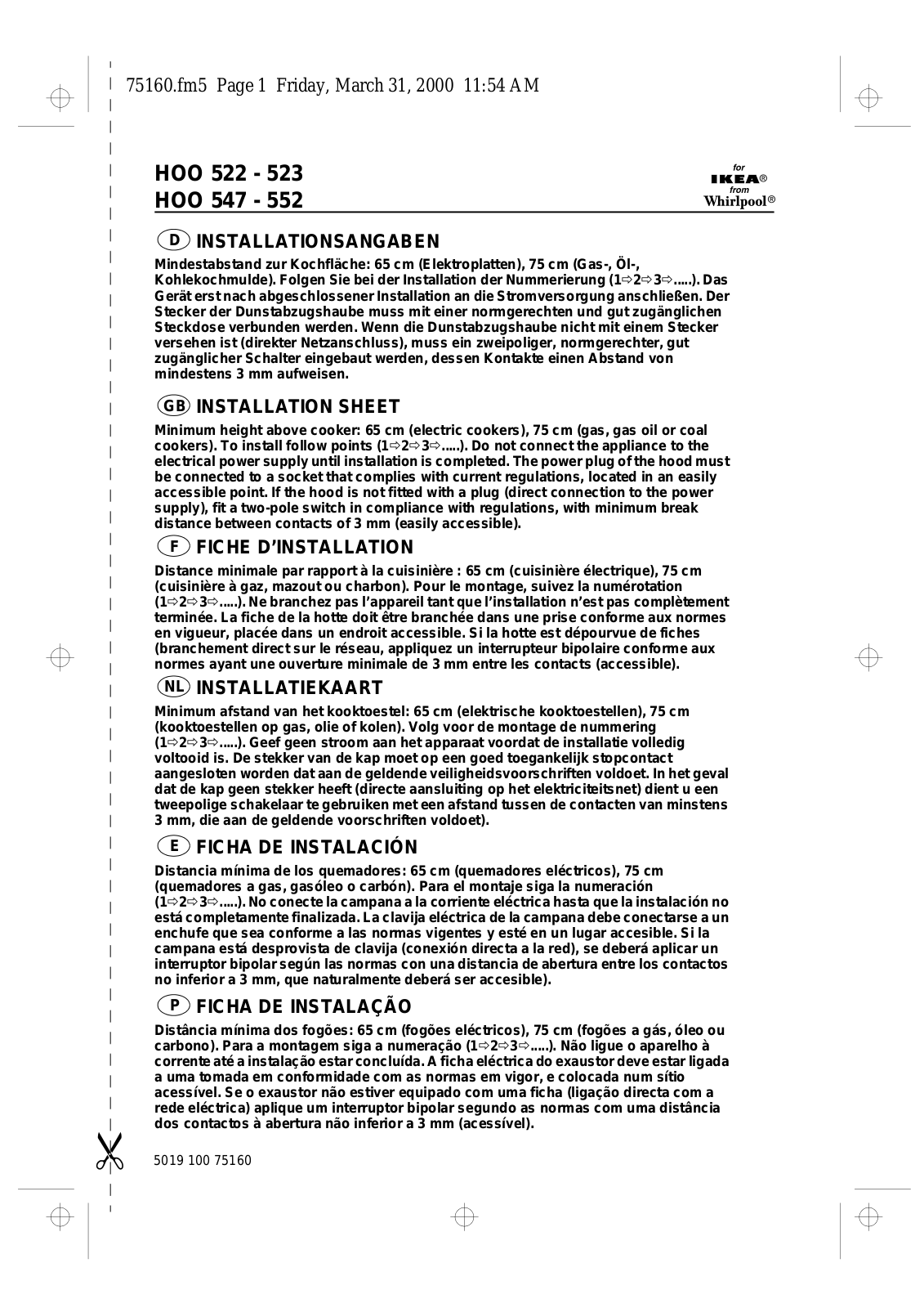 Whirlpool HOO 522, HOO523, HOO 547, HOO552 Installation sheet