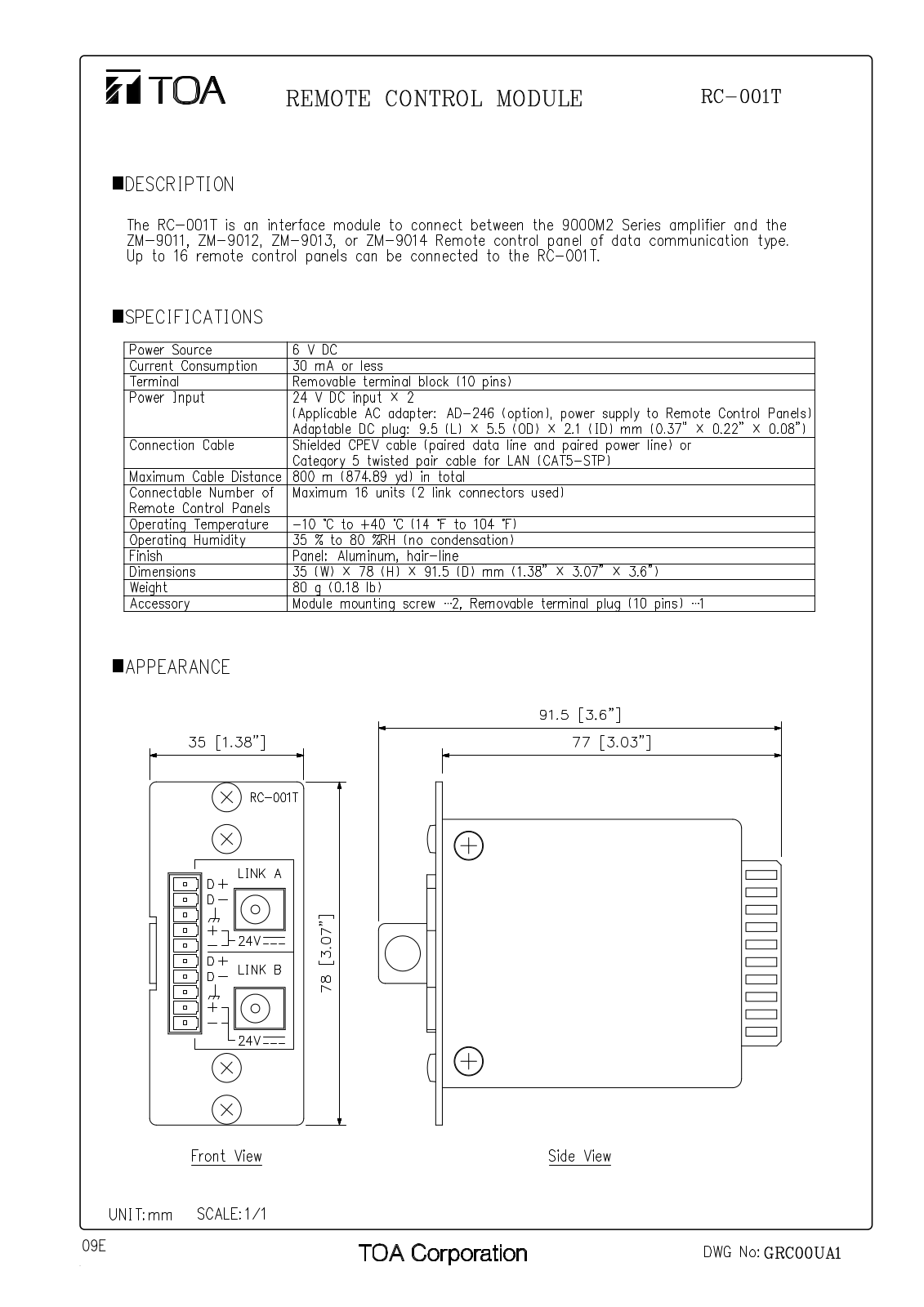 TOA RC-001TPS User Manual