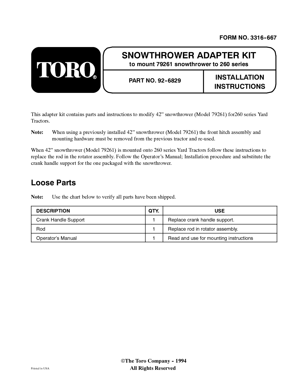 Toro 92-6829 Installation Instructions