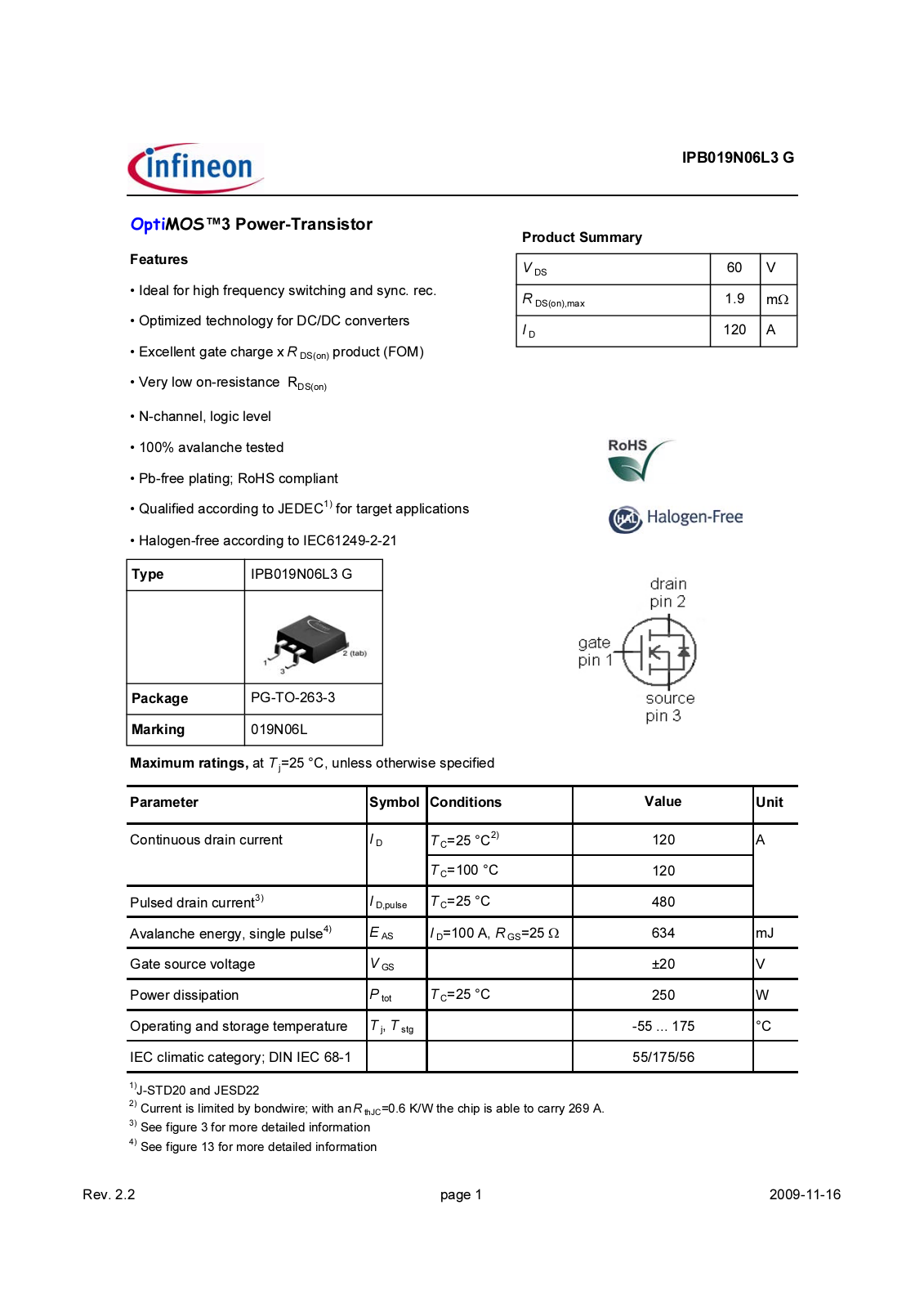 Datasheet ipb019n06l3_rev2.2 Datasheet - ManualMachine.com