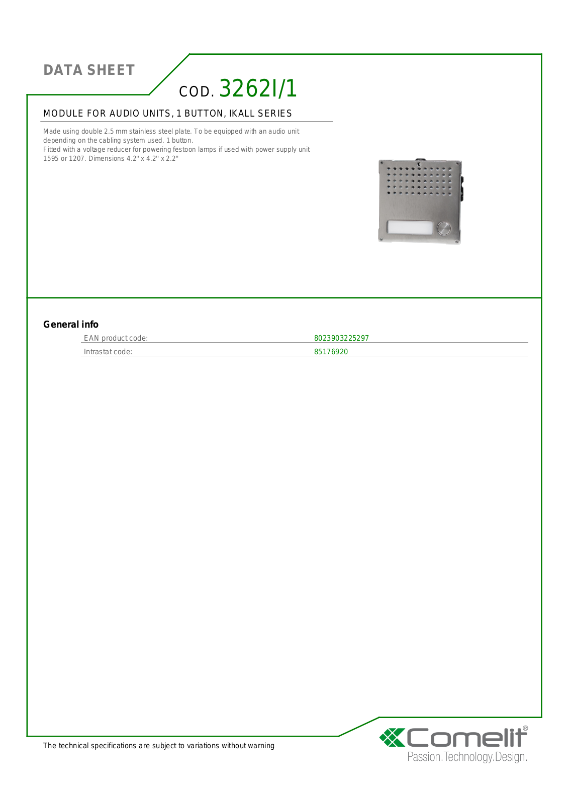 Comelit 3262I-1 Specsheet