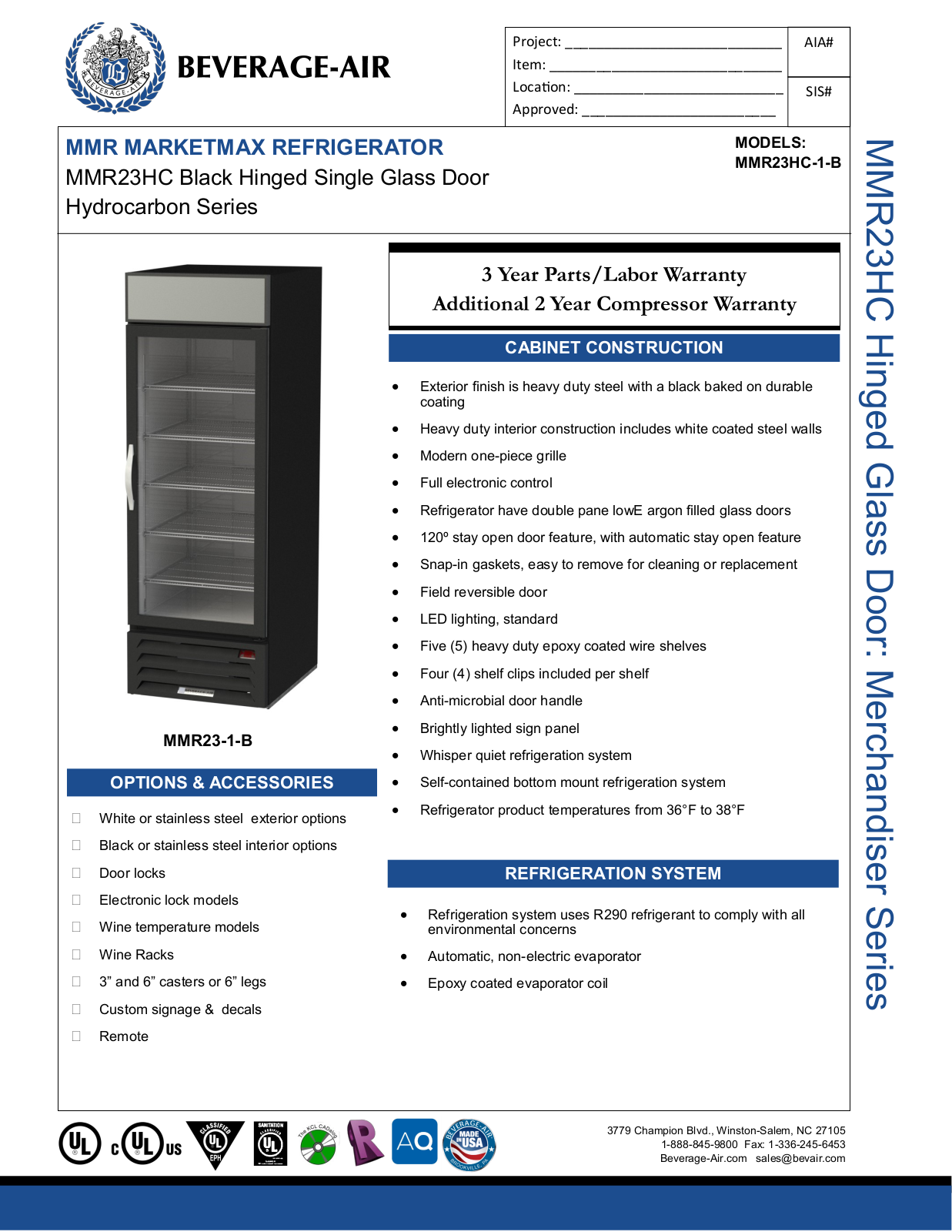 Beverage-Air MMR23HC1B Specifications