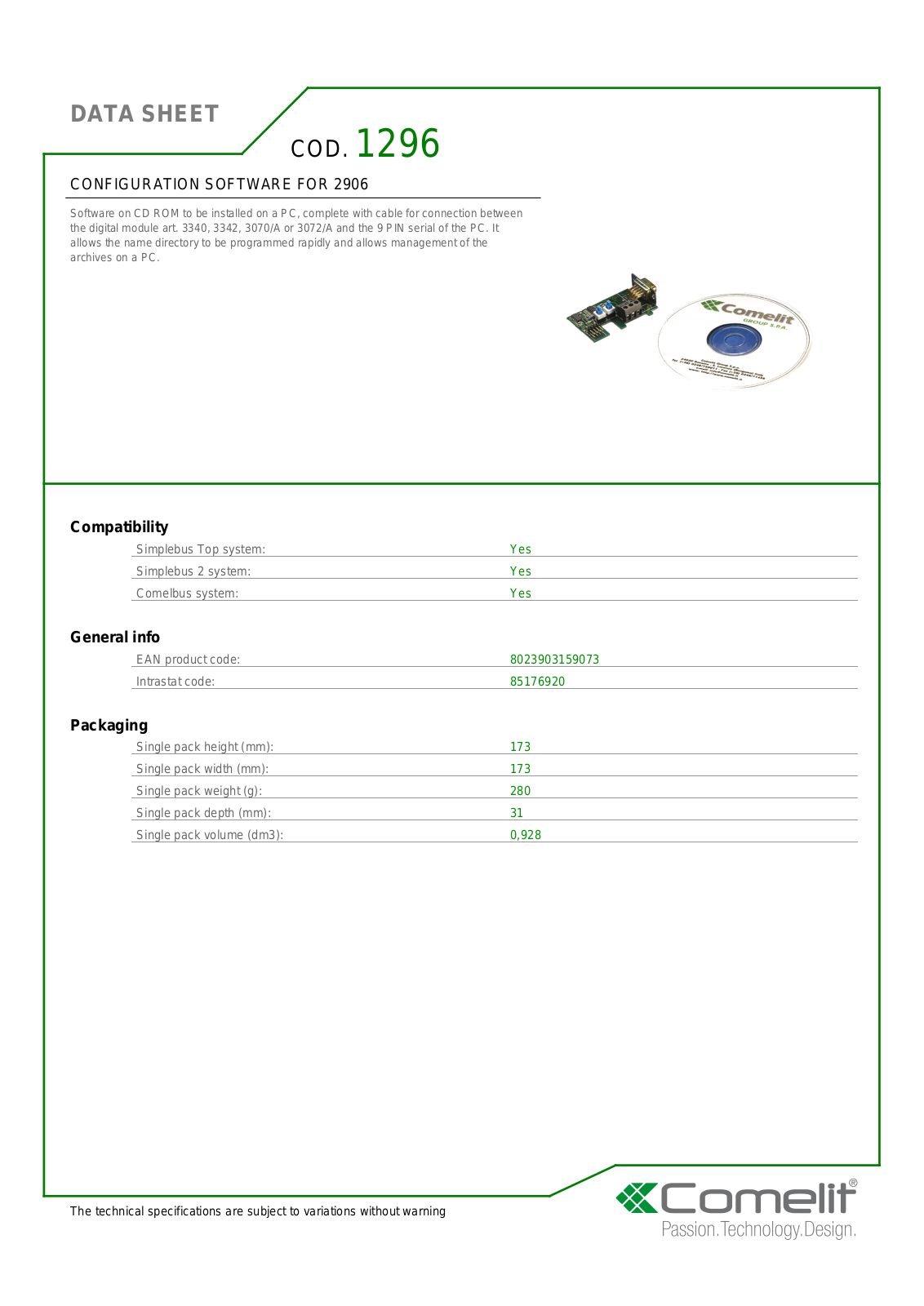 Comelit 1296 Specsheet