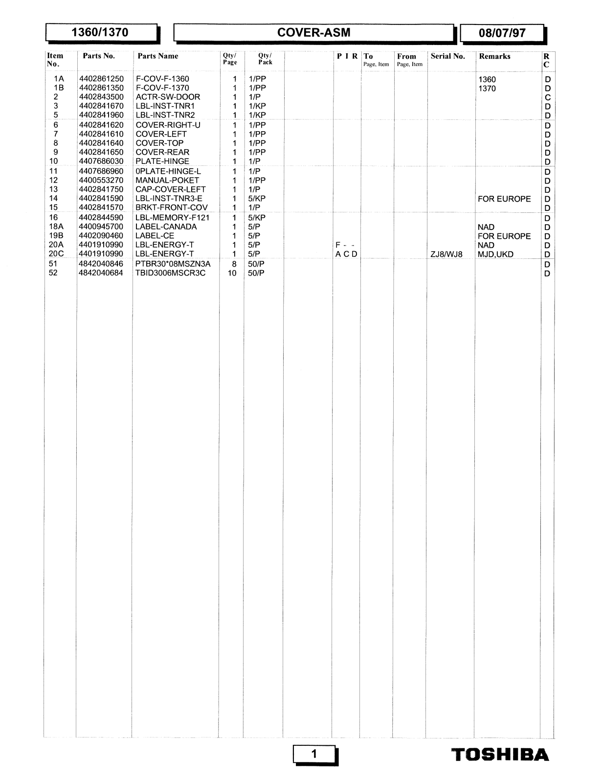 Ricoh 1360, 1370 Parts list