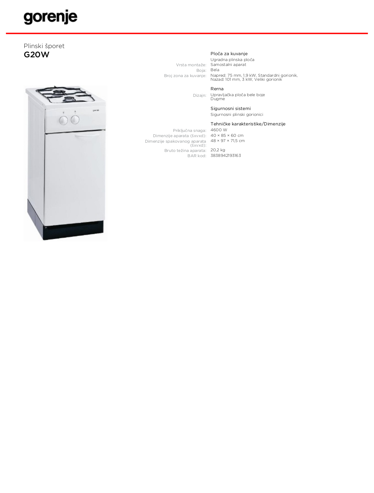 Gorenje G20W BROCHURE