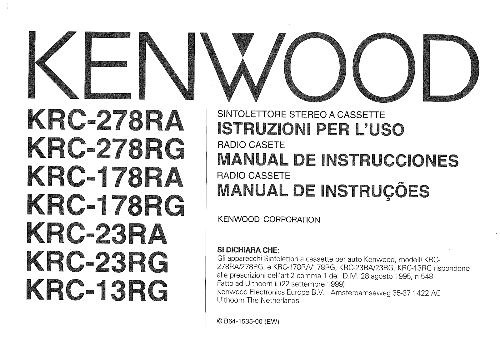 Kenwood KRC-278RG, KRC-278RA Owner's Manual