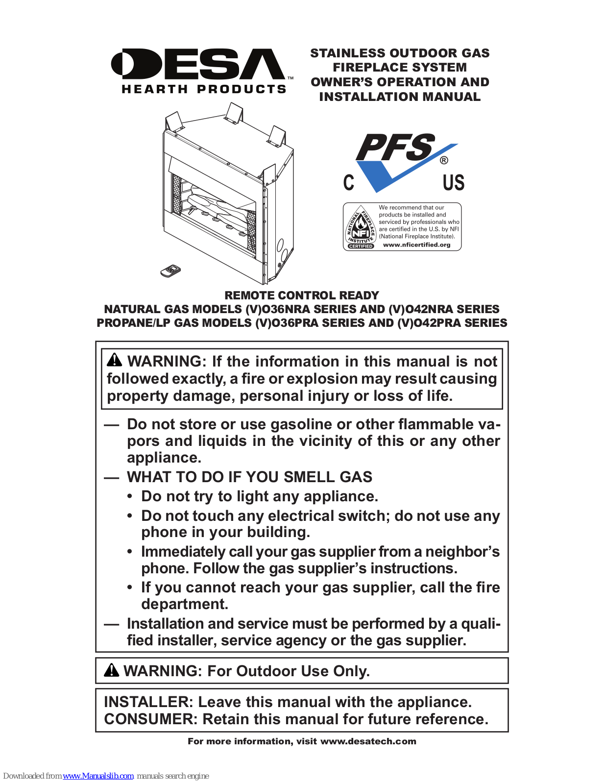 Desa O36NRA, VO36NRA, VO42NRA, O42NRA, VO36PRA Owner's Operation And Installation Manual