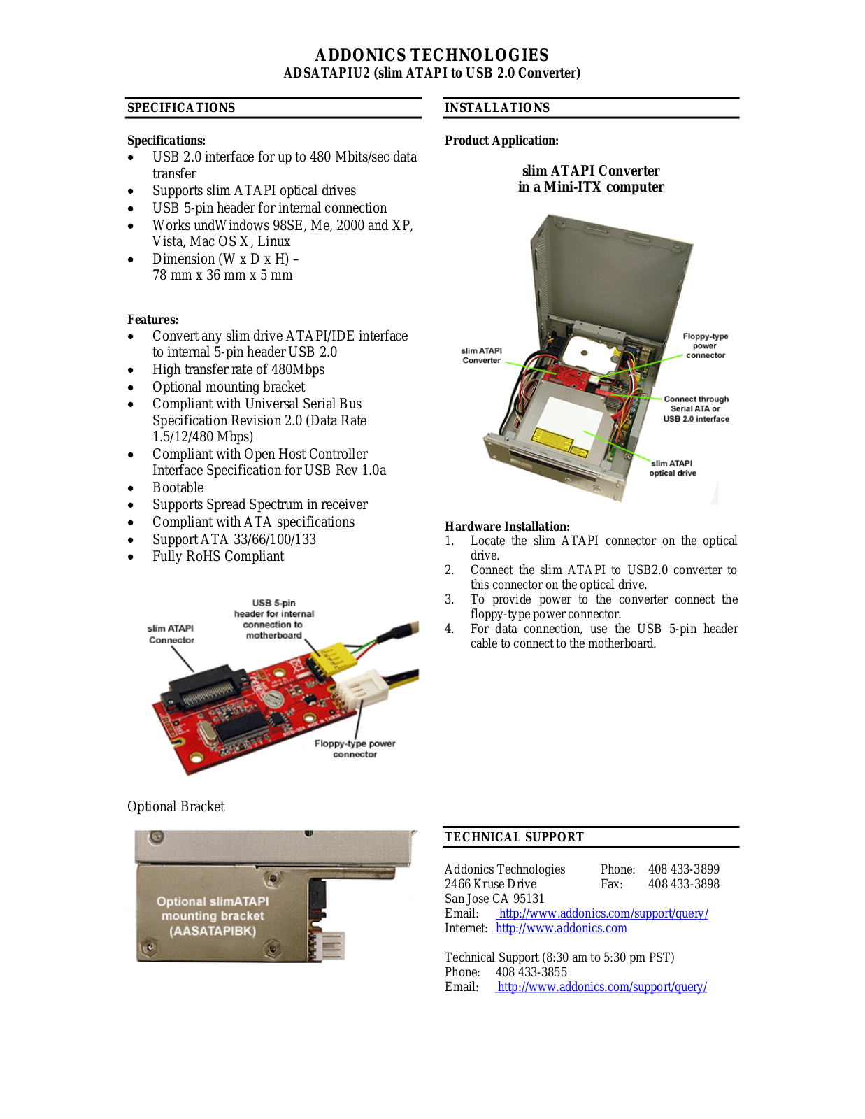 Addonics ADSATAPIU2 INSTALLATION GUIDE