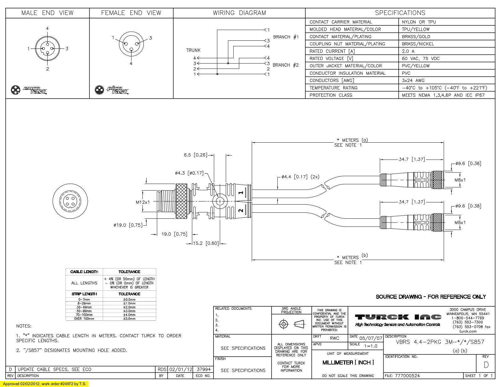 Turck VBRS4.4-2PKG3M-1/1/S857 Specification Sheet