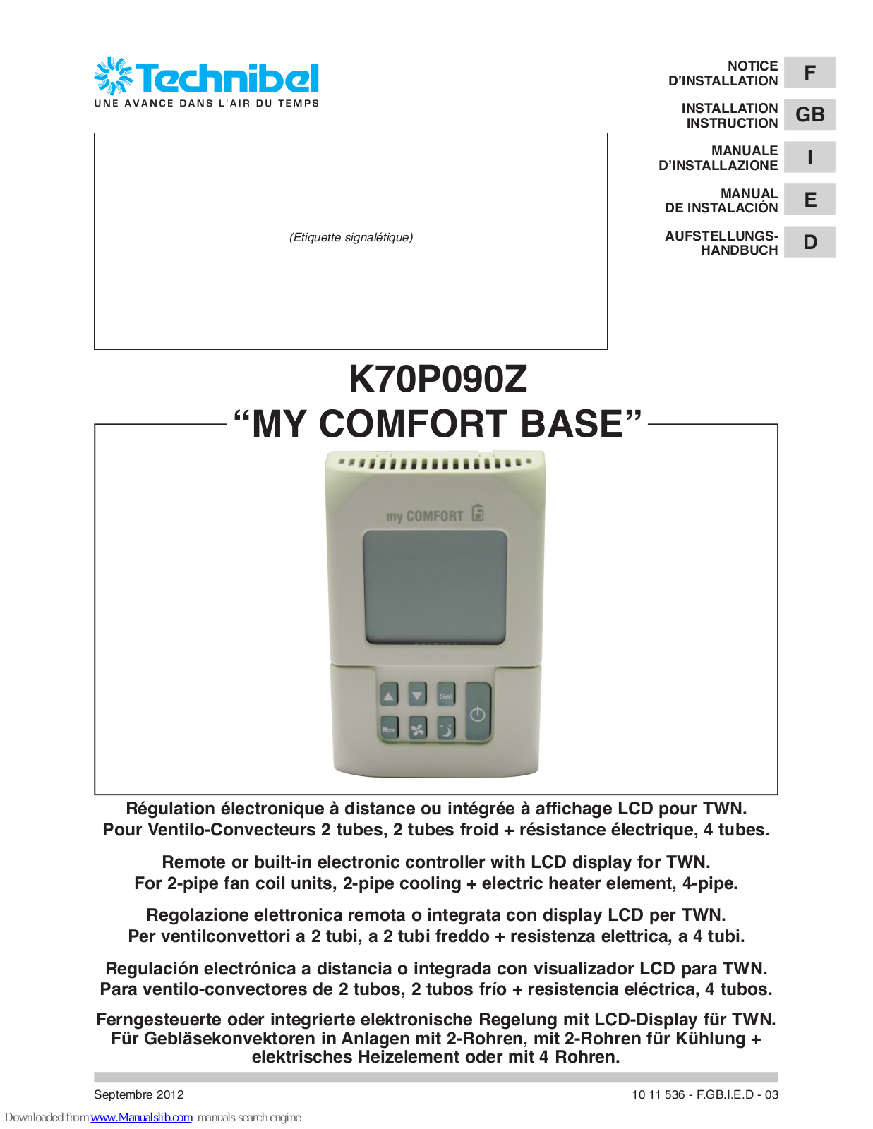 Technibel My comfort base, K70P090Z Installation Instruction - ManualMachine.com