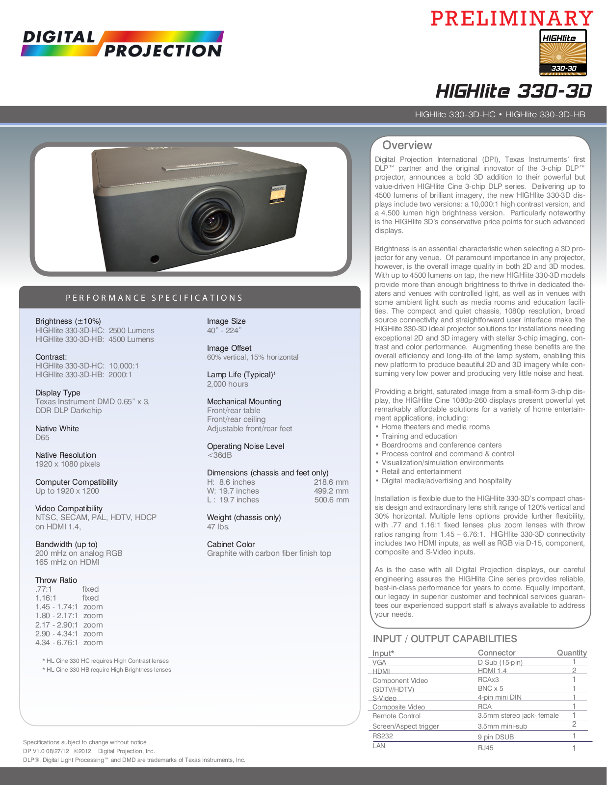 Digital Projection HIGHlite 330 3D HC Product Sheet