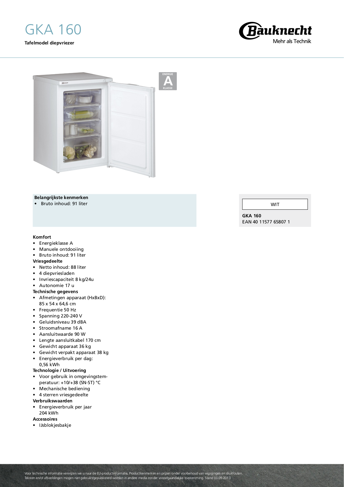 Bauknecht GKA 160 Product information