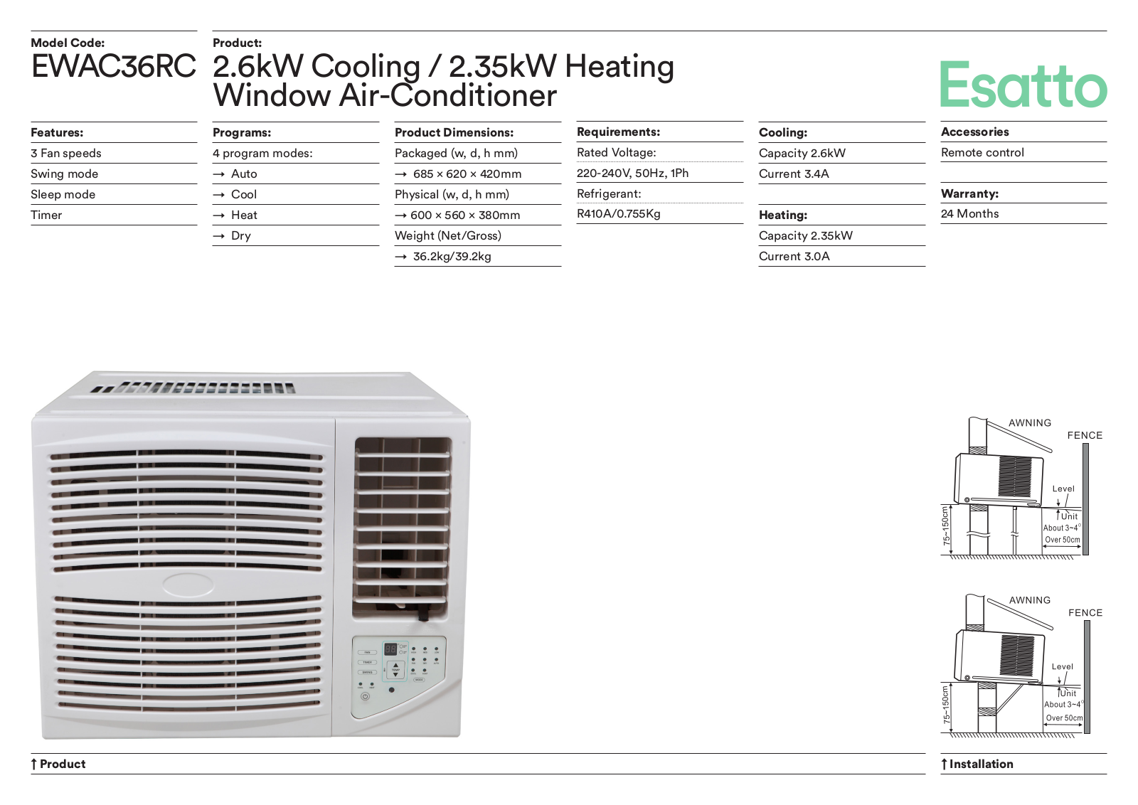 Esatto EWAC36RC Specifications Sheet