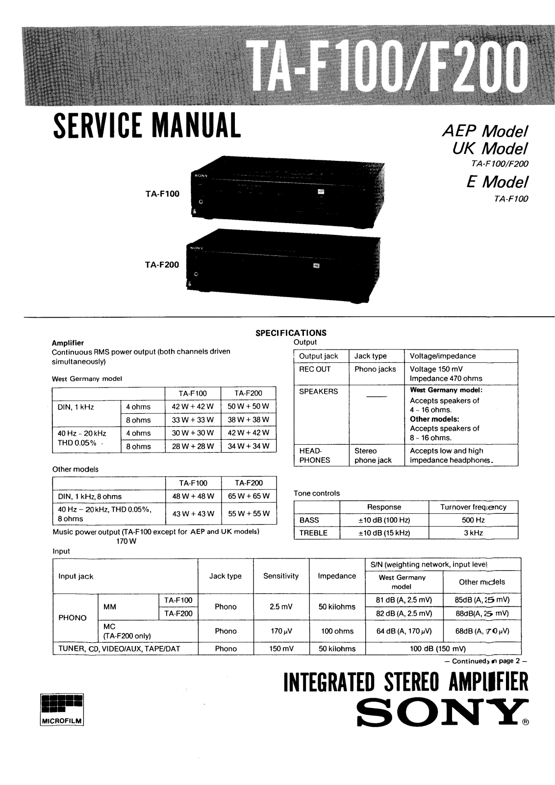 Sony TAF-100, TAF-200 Service manual