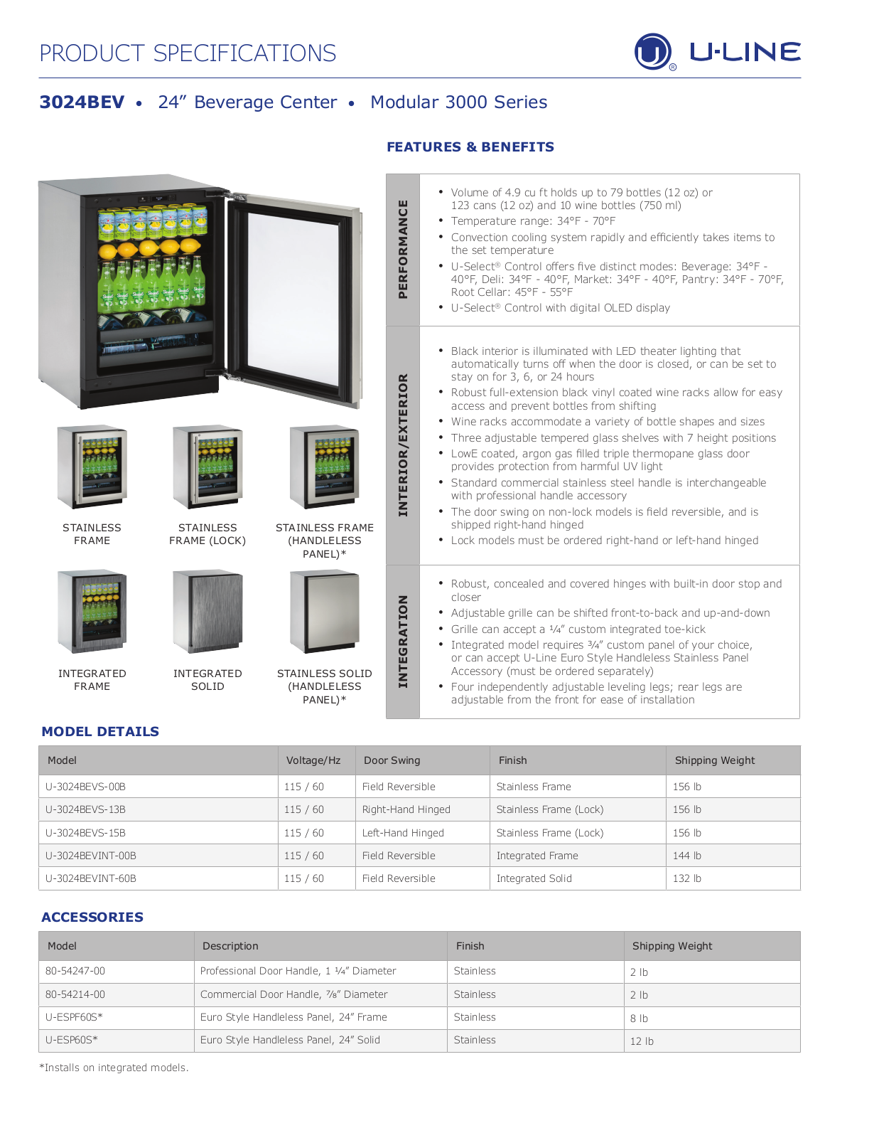 U-Line U3024BEVS13B, U3024BEVINT00B, U3024BEVINT60B, U3024BEVS00B, U3024BEVS15B Specifications